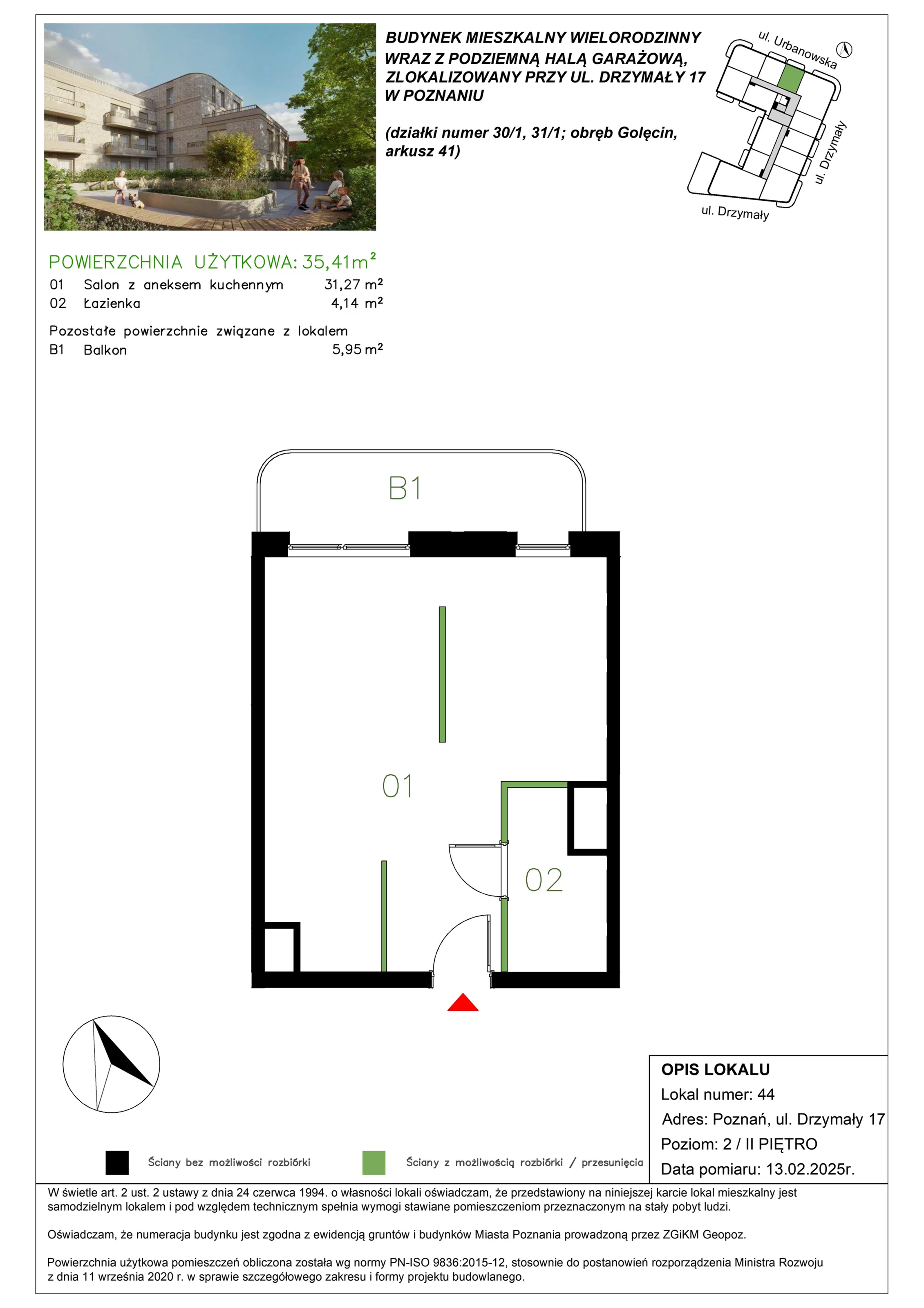 1 pokój, mieszkanie 35,43 m², piętro 2, oferta nr M/44, Drzymały 17, Poznań, Sołacz, Sołacz, ul. Drzymały 17