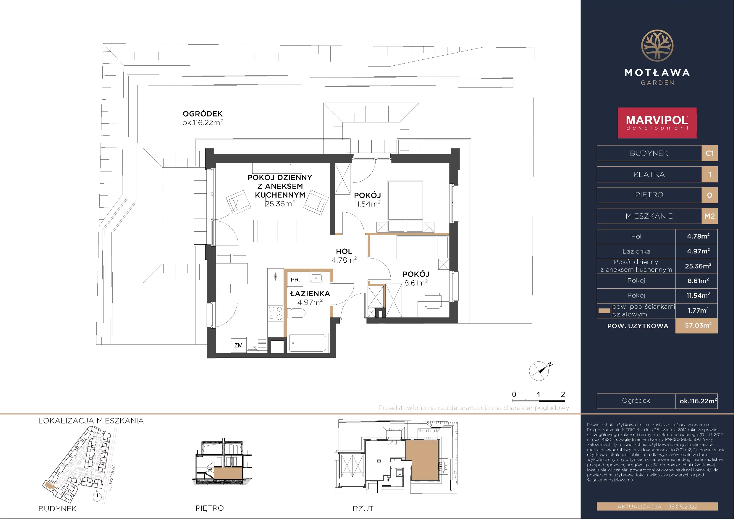 3 pokoje, mieszkanie 56,99 m², parter, oferta nr C1-M2, Motława Garden, Gdańsk, Olszynka, ul. Wspólna 3