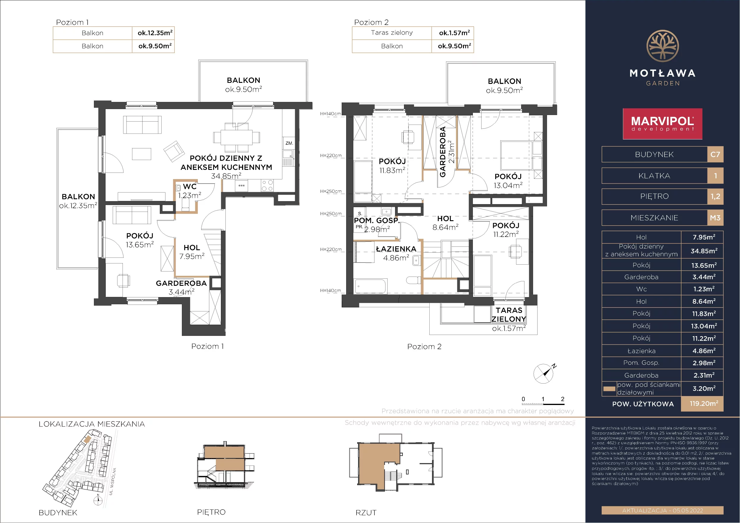 5 pokoi, mieszkanie 119,65 m², piętro 1, oferta nr C7-M3, Motława Garden, Gdańsk, Olszynka, ul. Wspólna 3