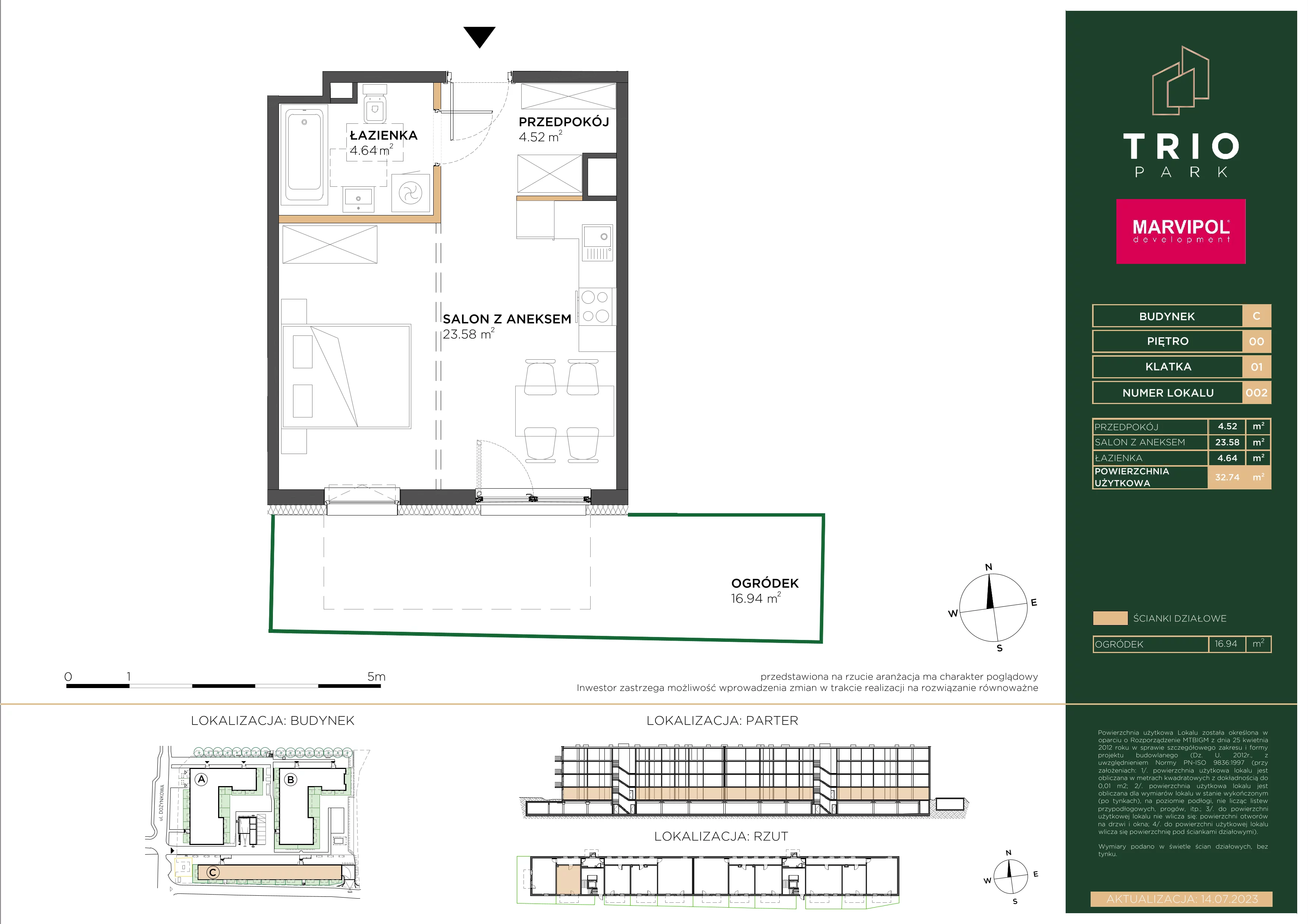 1 pokój, apartament 32,74 m², parter, oferta nr C/C002, Trio Park, Wrocław, Klecina, Krzyki, ul. Dożynkowa