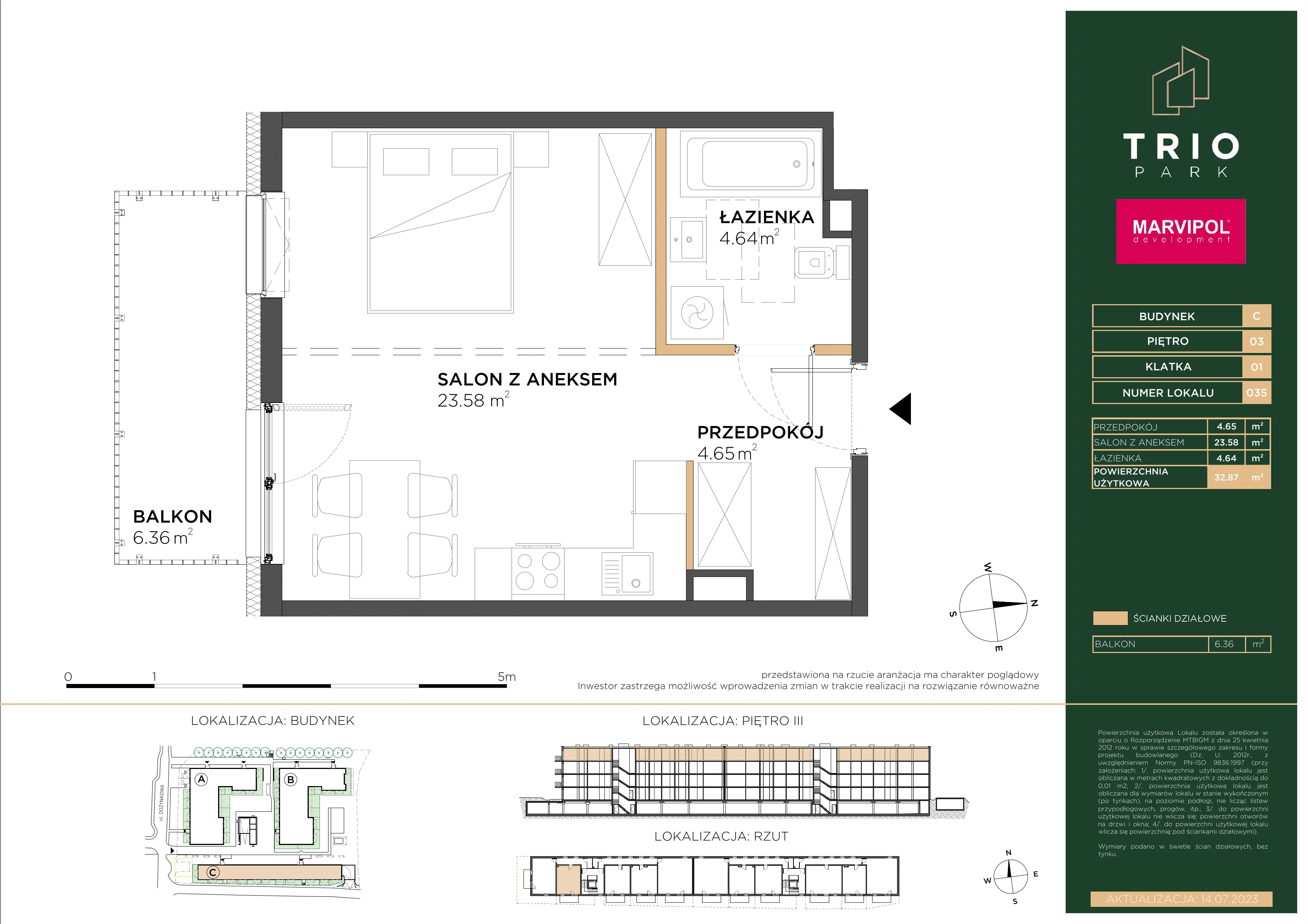 1 pokój, apartament 32,87 m², piętro 3, oferta nr C/C035, Trio Park, Wrocław, Klecina, Krzyki, ul. Dożynkowa