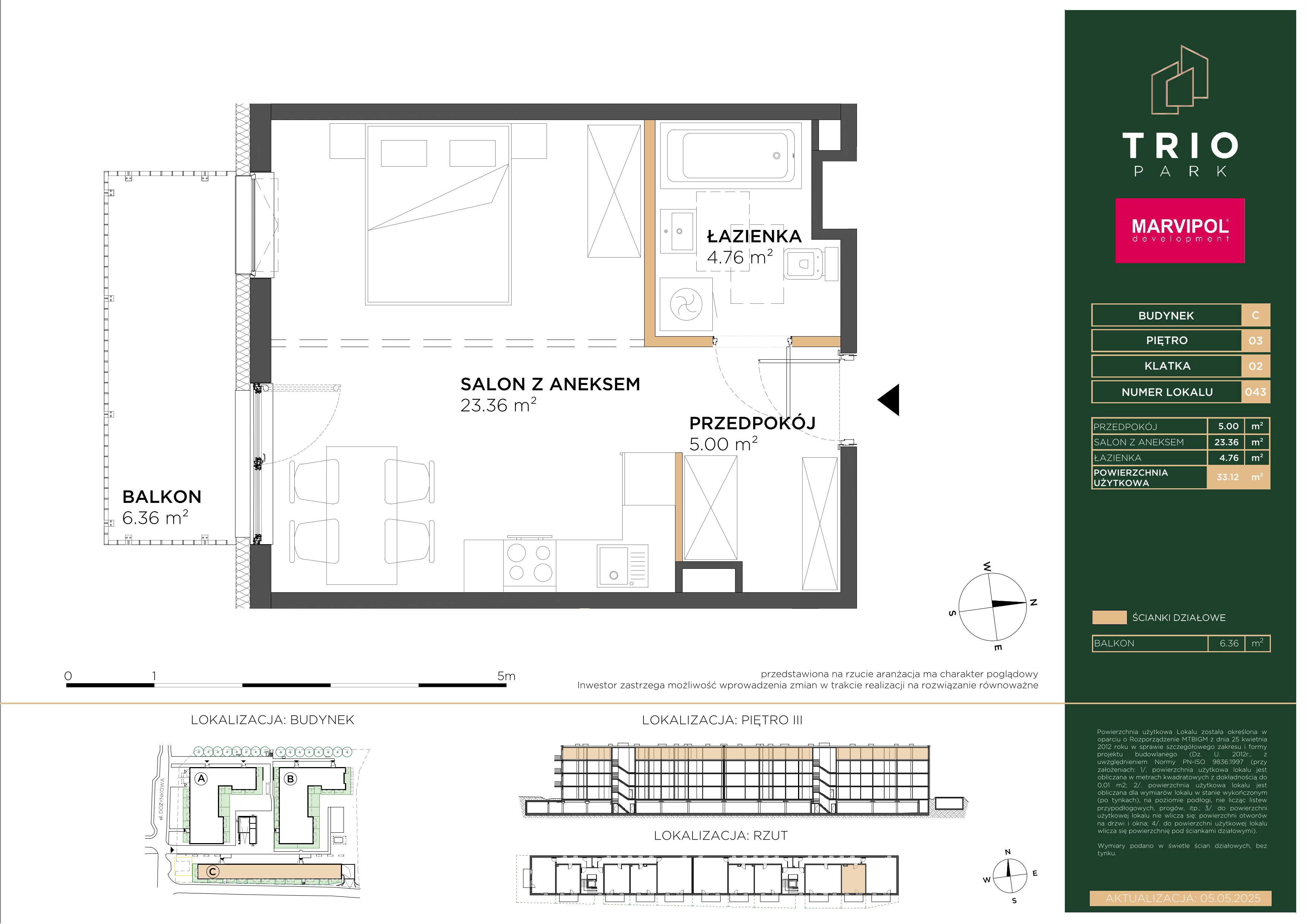 1 pokój, apartament 33,12 m², piętro 3, oferta nr C/C043, Trio Park, Wrocław, Klecina, Krzyki, ul. Dożynkowa