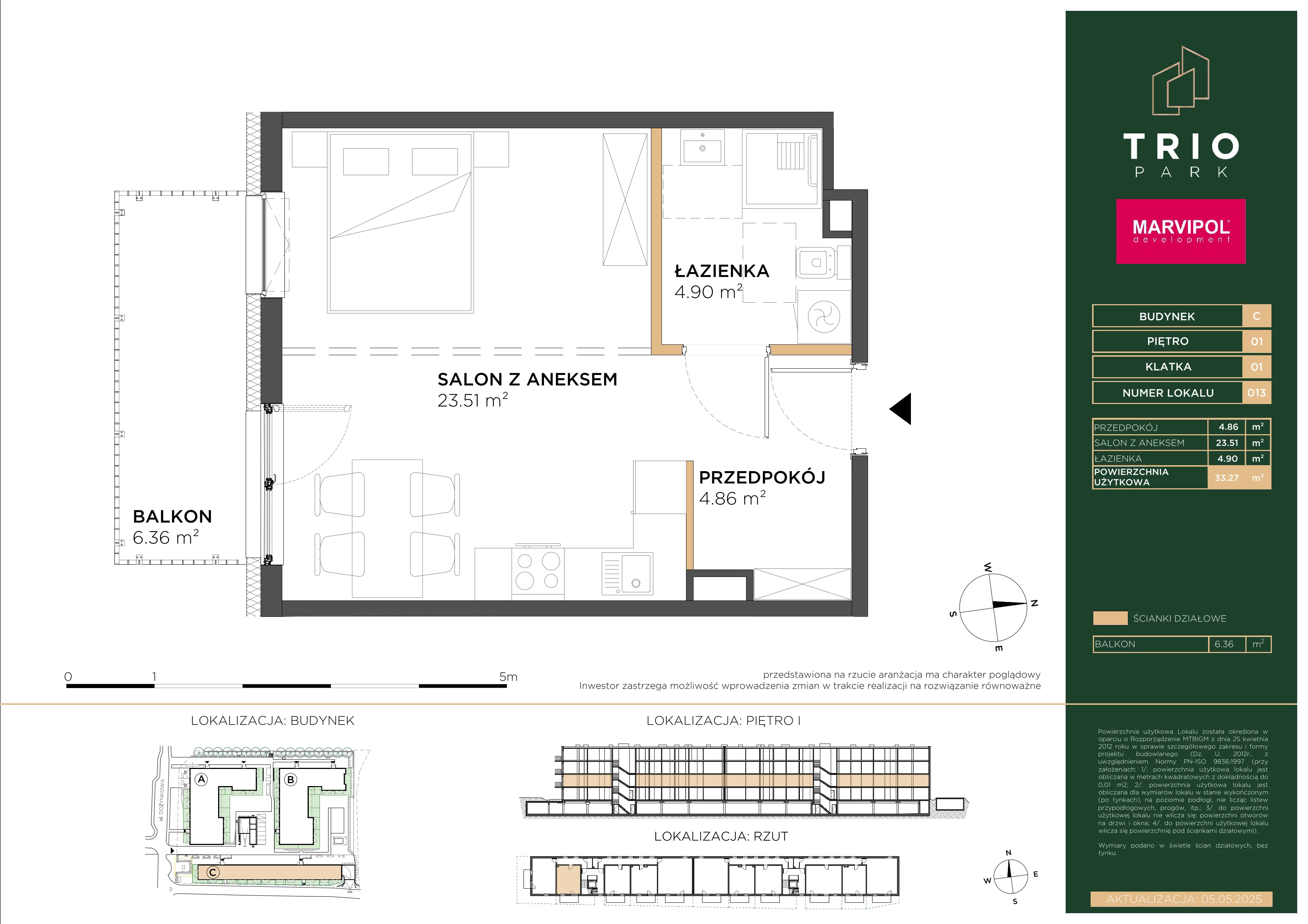 1 pokój, apartament 33,27 m², piętro 1, oferta nr C/C013, Trio Park, Wrocław, Klecina, Krzyki, ul. Dożynkowa