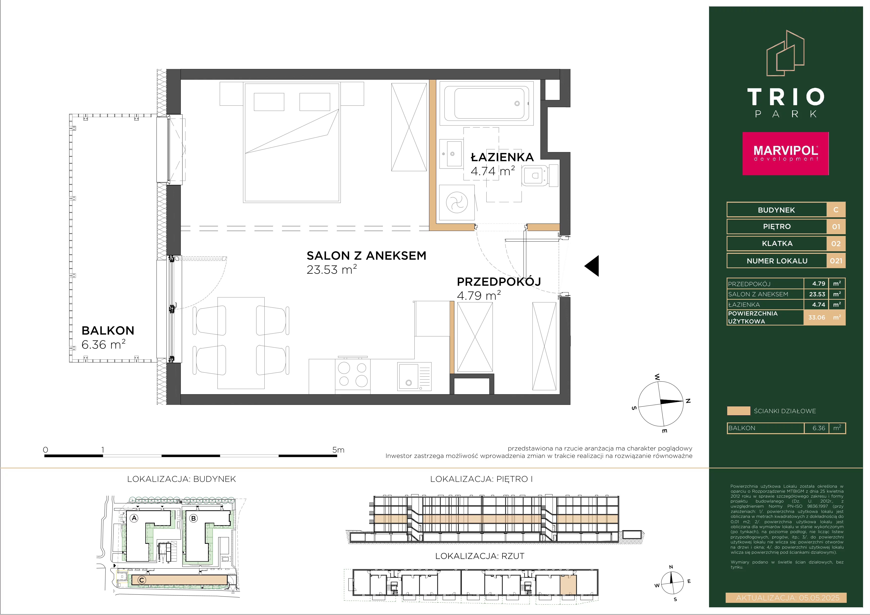 1 pokój, mieszkanie 33,06 m², piętro 1, oferta nr C/C021, Trio Park, Wrocław, Klecina, Krzyki, ul. Dożynkowa