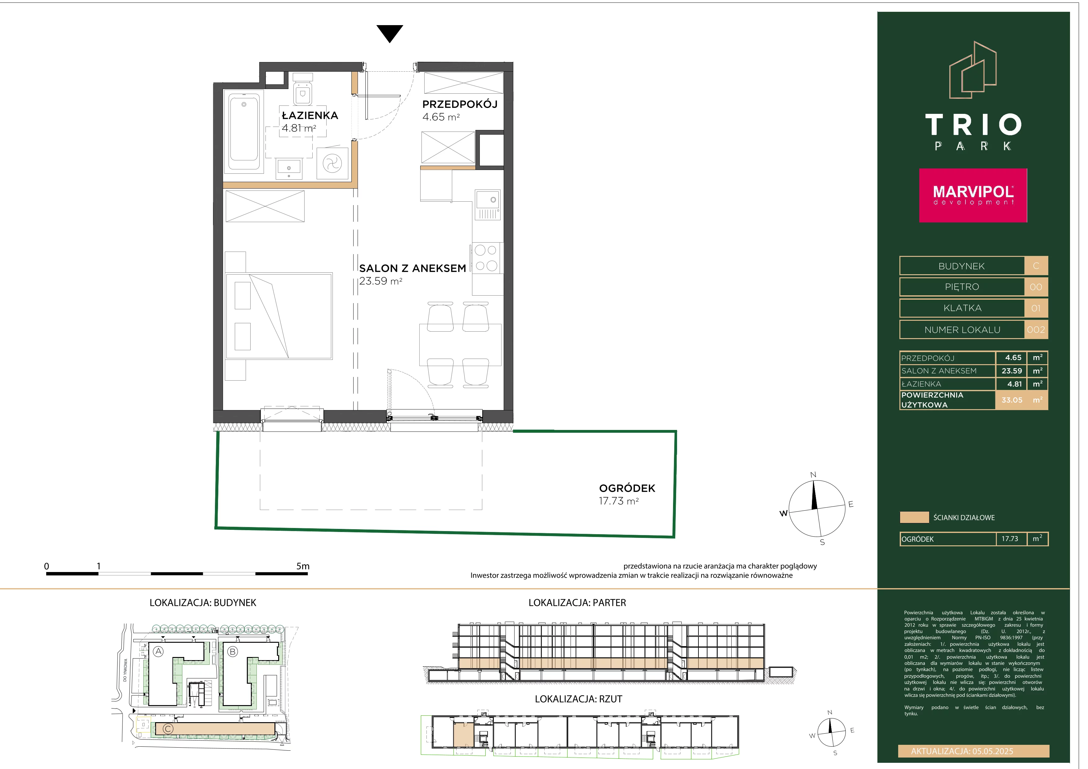 1 pokój, mieszkanie 33,05 m², parter, oferta nr C/C002, Trio Park, Wrocław, Klecina, Krzyki, ul. Dożynkowa