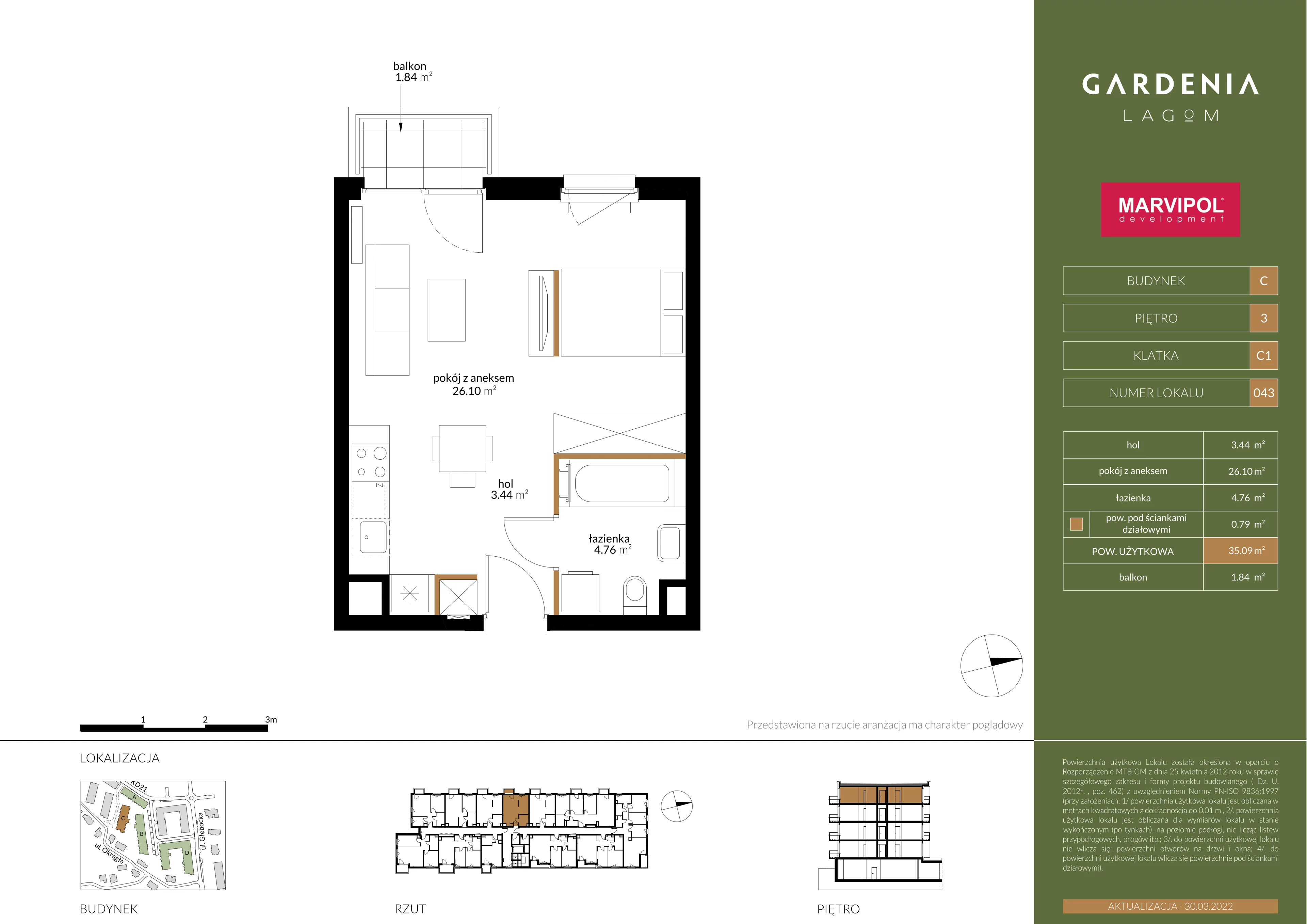 1 pokój, mieszkanie 35,22 m², piętro 3, oferta nr C/C043, Gardenia Lagom, Warszawa, Białołęka, Grodzisk, ul. Głębocka 117