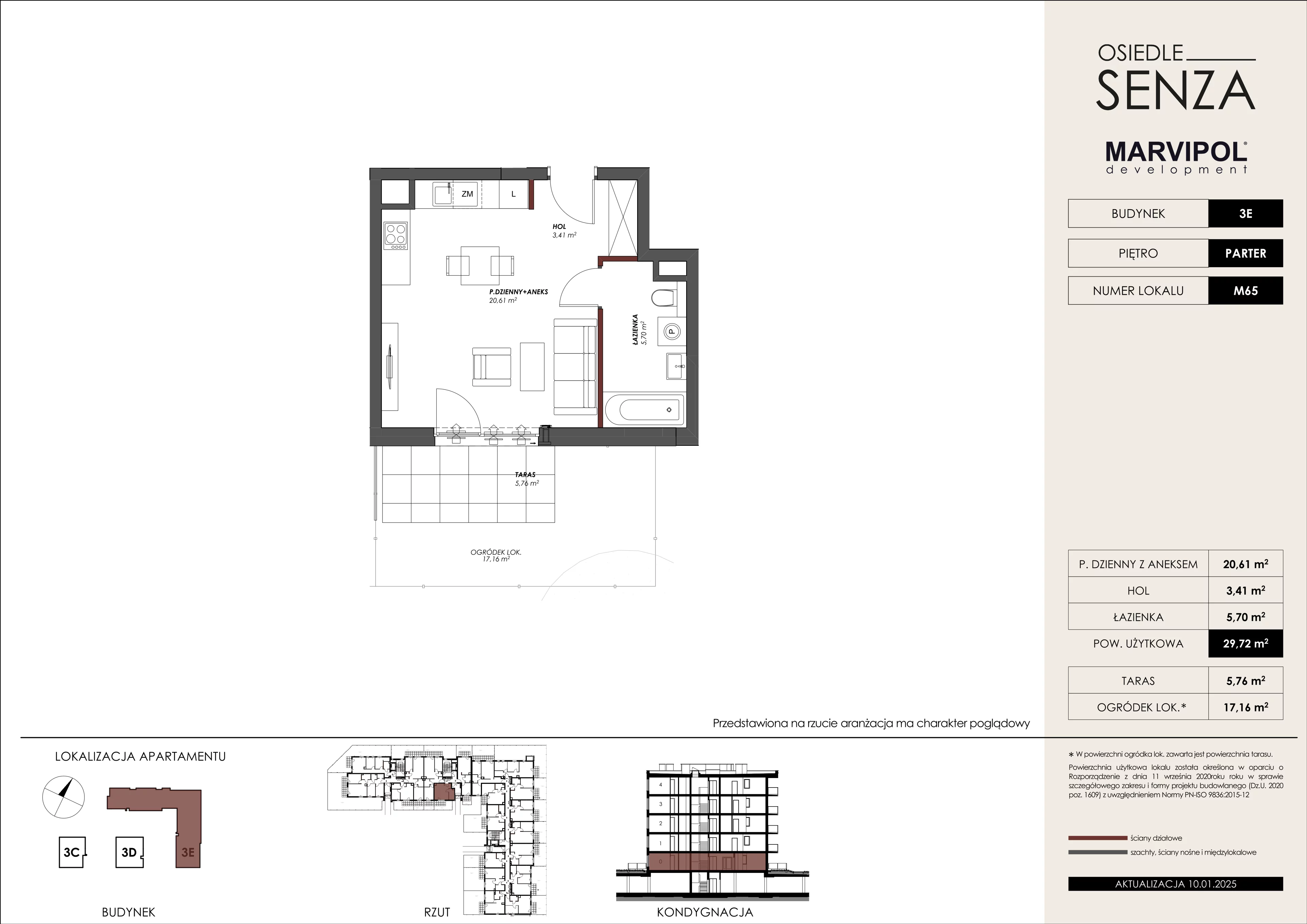 1 pokój, mieszkanie 29,72 m², parter, oferta nr 3E/M65, Osiedle Senza, Warszawa, Białołęka, Nowodwory, ul. Grzymalitów 3C, 3D, 3E