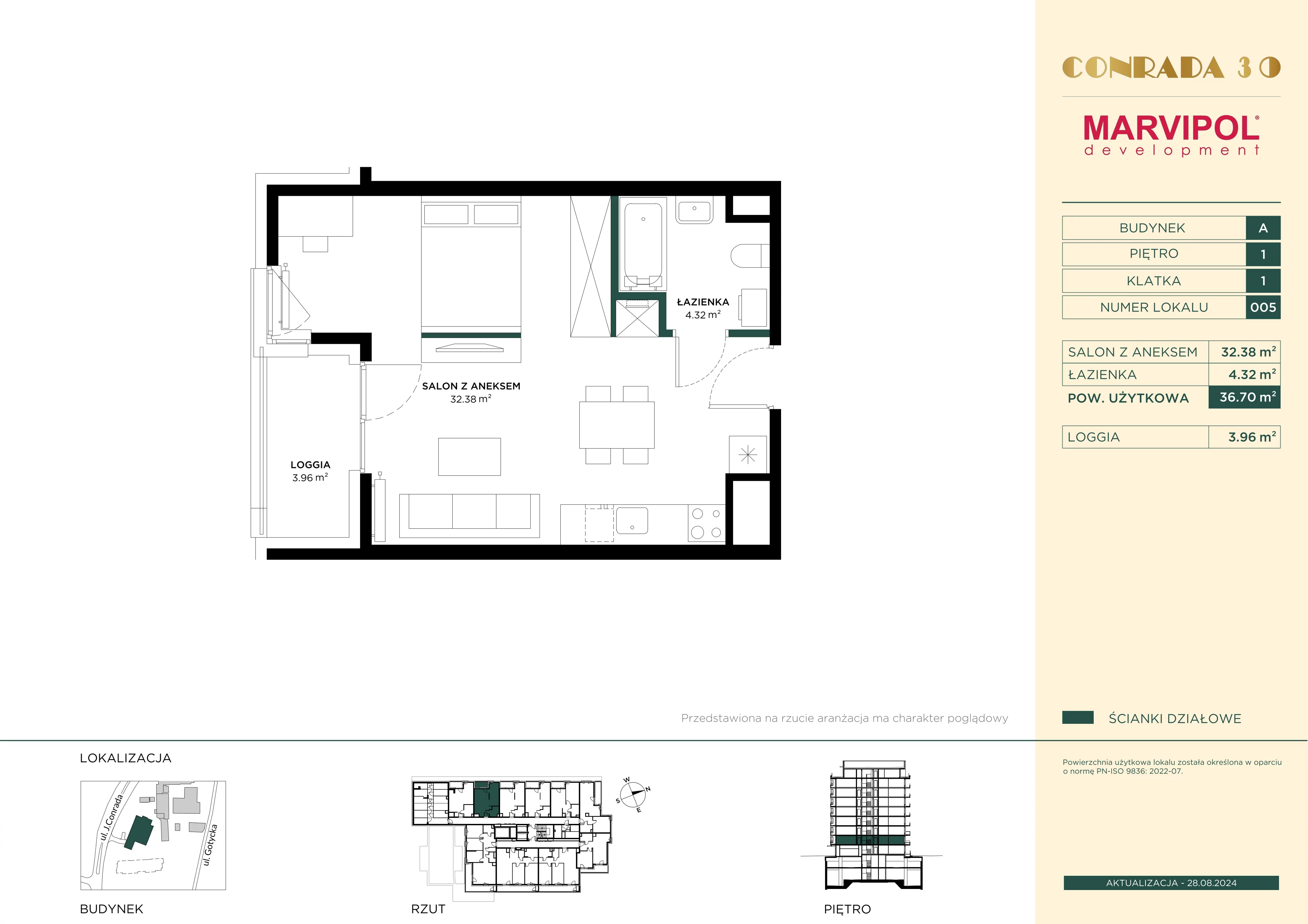 1 pokój, mieszkanie 36,70 m², piętro 1, oferta nr 1/A005, Conrada 30, Warszawa, Bielany, Chomiczówka, ul. Josepha Conrada 30