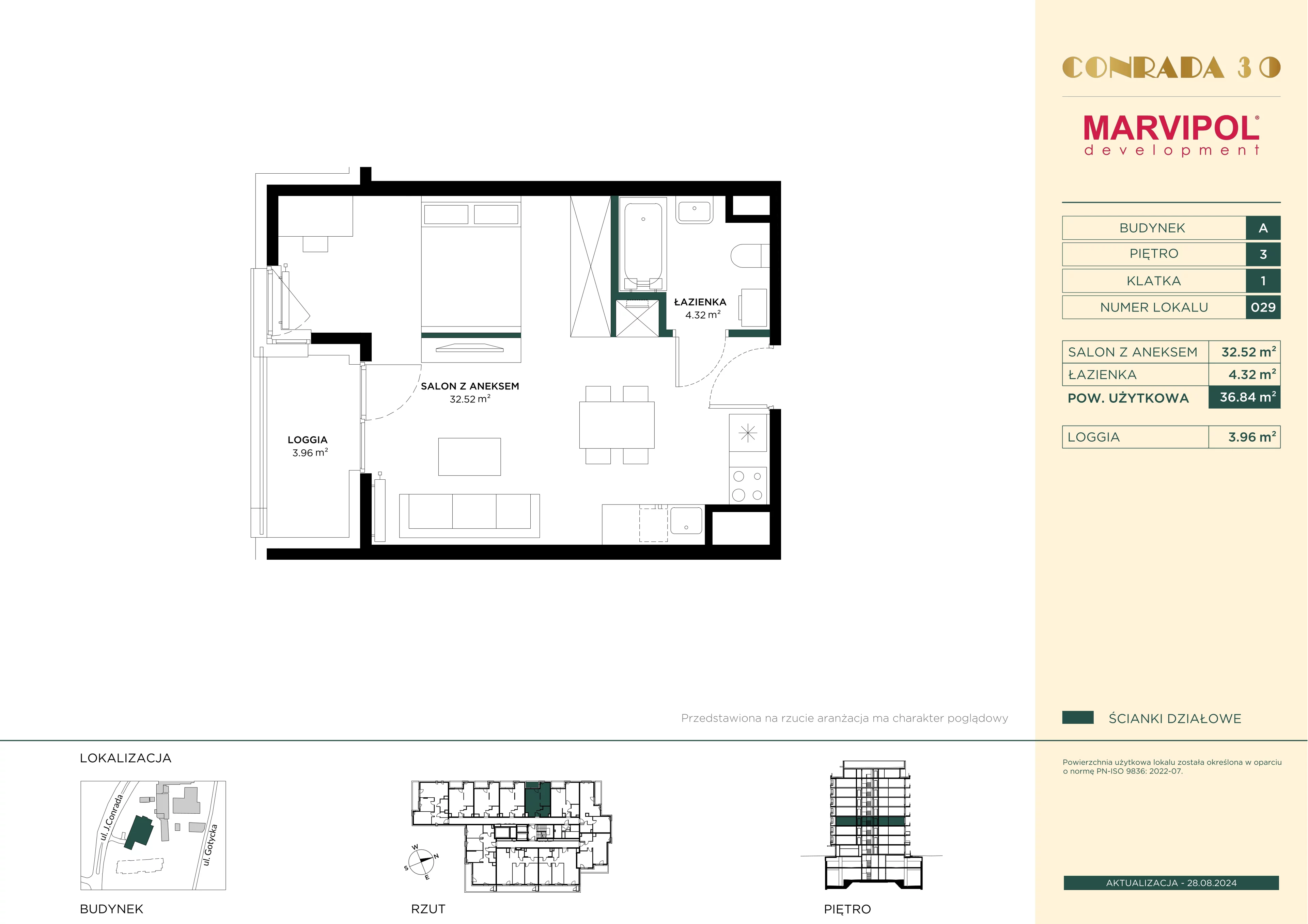 1 pokój, mieszkanie 36,84 m², piętro 3, oferta nr 1/A029, Conrada 30, Warszawa, Bielany, Chomiczówka, ul. Josepha Conrada 30
