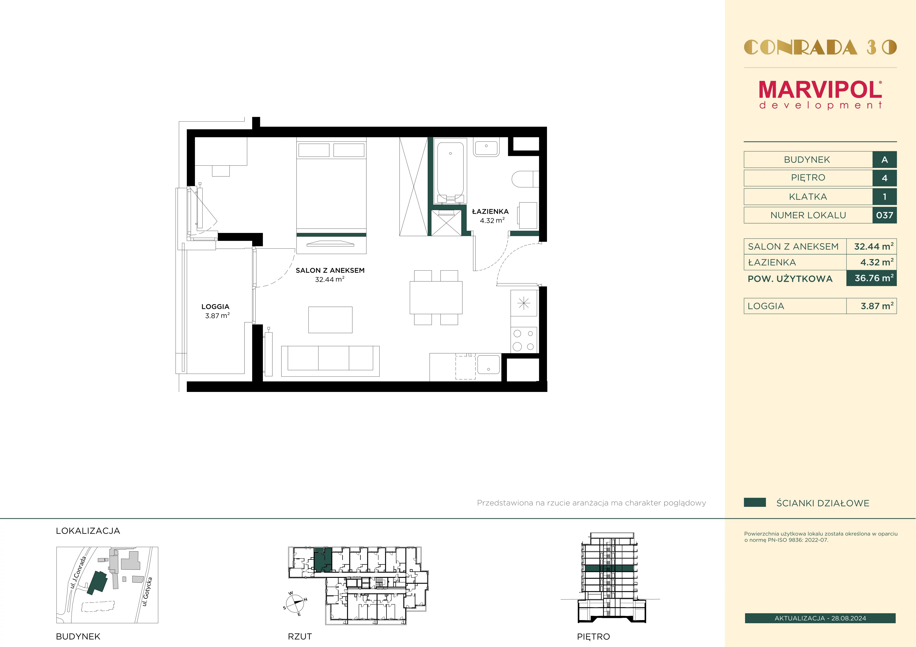 1 pokój, mieszkanie 36,76 m², piętro 4, oferta nr 1/A037, Conrada 30, Warszawa, Bielany, Chomiczówka, ul. Josepha Conrada 30