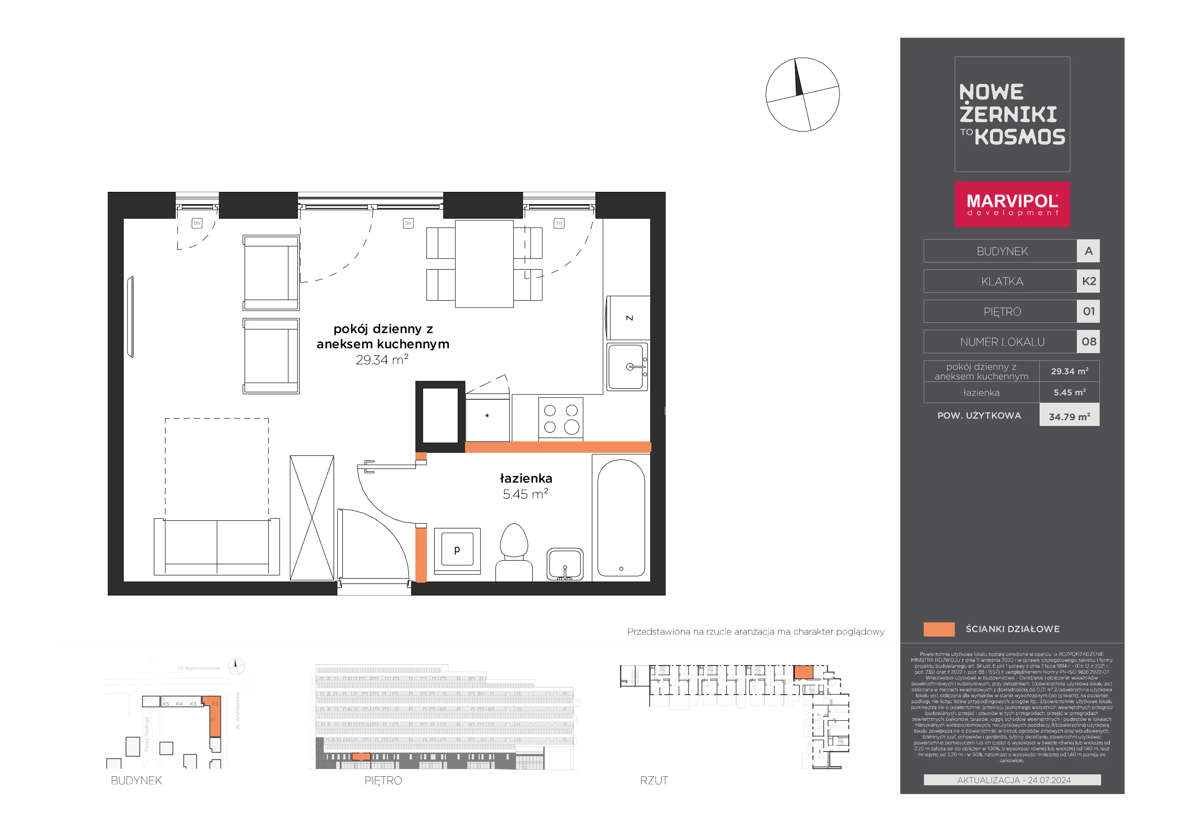 1 pokój, mieszkanie 34,79 m², piętro 1, oferta nr A/A-01-08-K2, Nowe Żerniki to KOSMOS, Wrocław, Żerniki, ul. Kosmonautów / al. Architektów