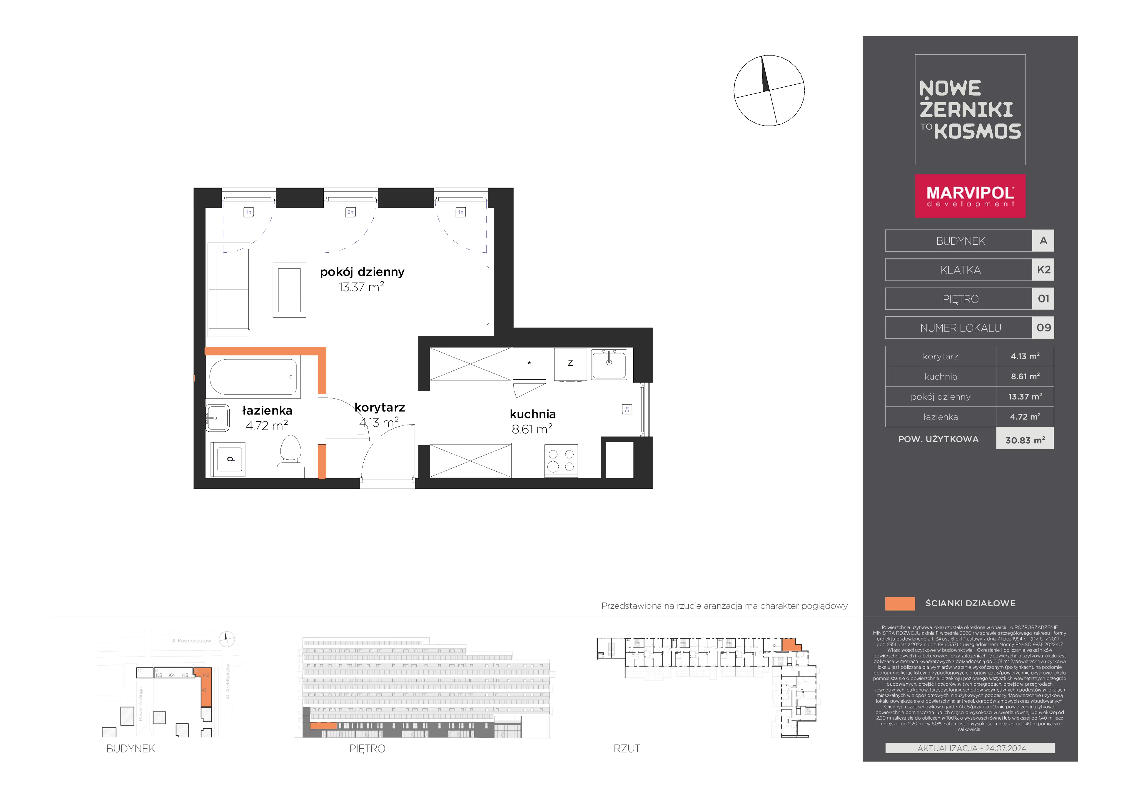 1 pokój, mieszkanie 30,83 m², piętro 1, oferta nr A/A-01-09-K2, Nowe Żerniki to KOSMOS, Wrocław, Żerniki, ul. Kosmonautów / al. Architektów