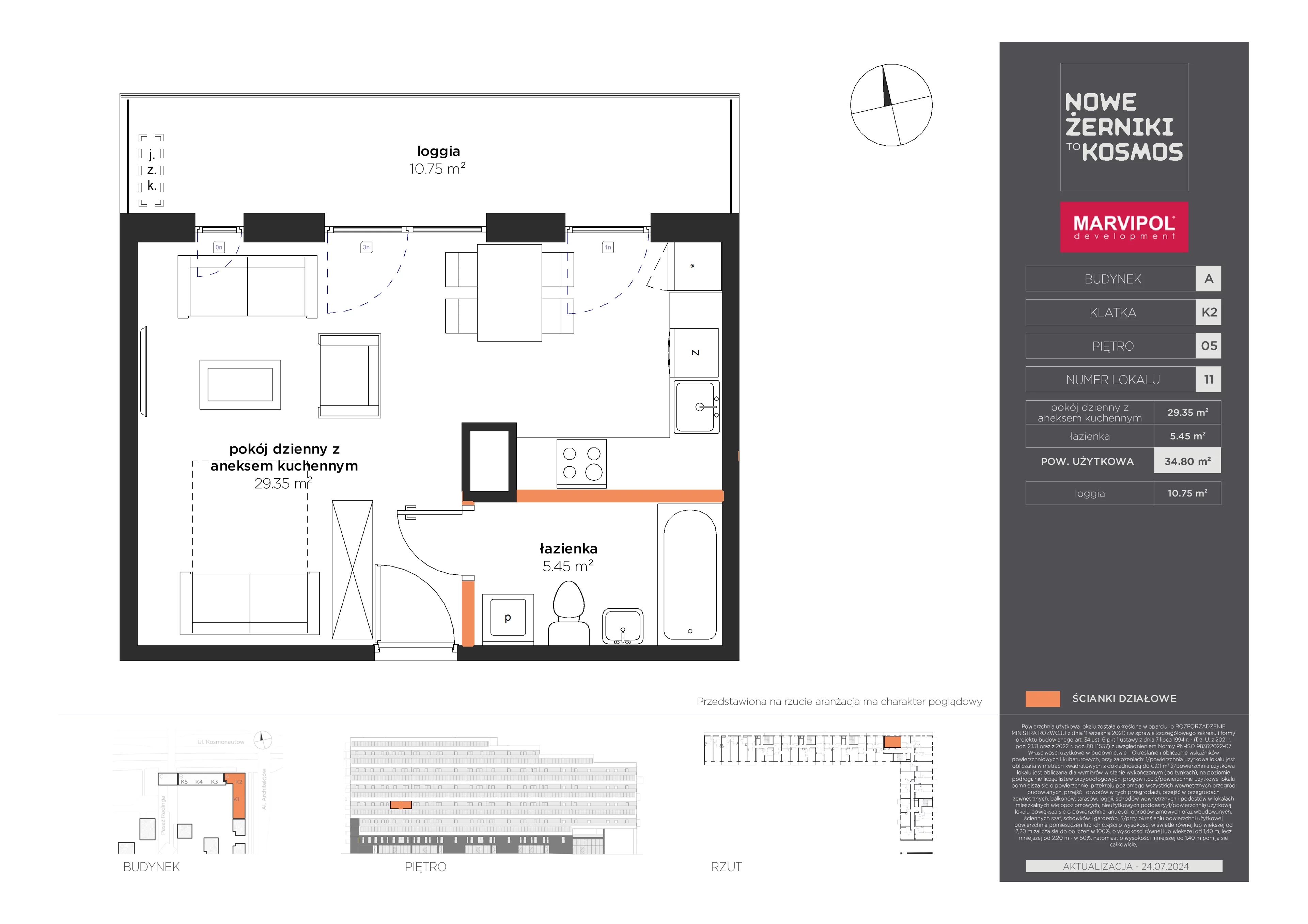 1 pokój, mieszkanie 34,80 m², piętro 5, oferta nr A/A-05-11-K2, Nowe Żerniki to KOSMOS, Wrocław, Żerniki, ul. Kosmonautów / al. Architektów