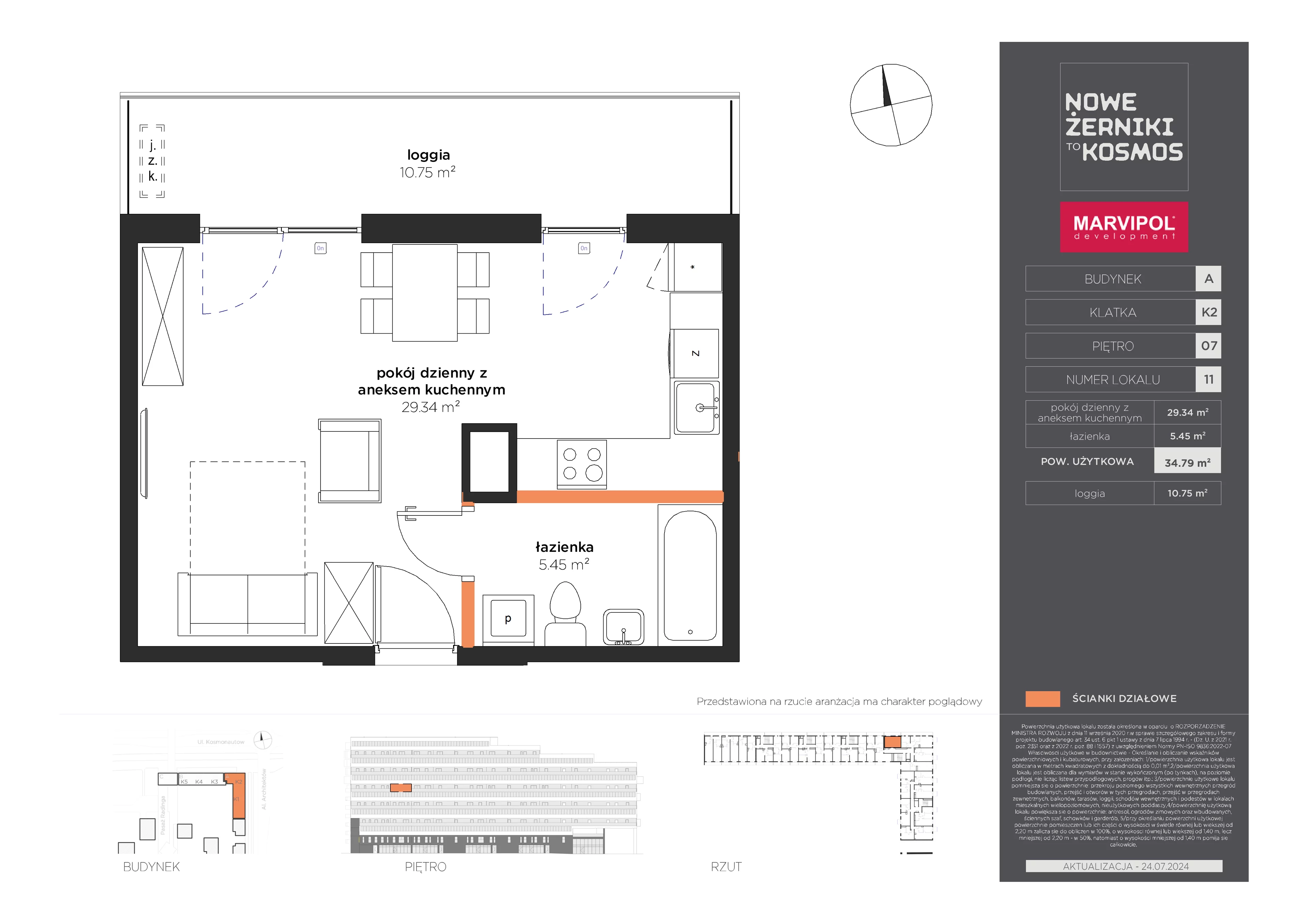 1 pokój, mieszkanie 34,79 m², piętro 7, oferta nr A/A-07-11-K2, Nowe Żerniki to KOSMOS, Wrocław, Żerniki, ul. Kosmonautów / al. Architektów