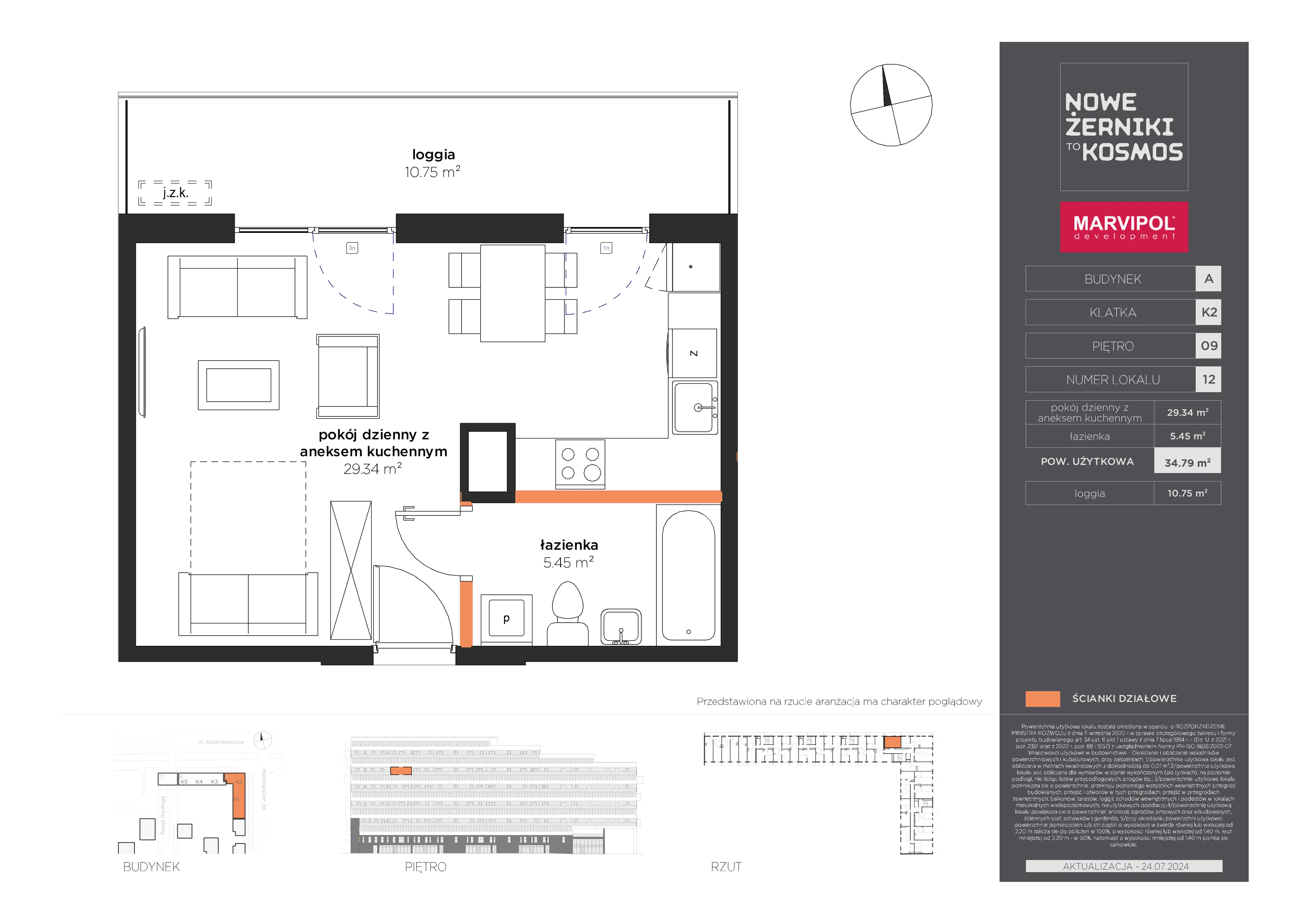 1 pokój, mieszkanie 34,79 m², piętro 9, oferta nr A/A-09-12-K2, Nowe Żerniki to KOSMOS, Wrocław, Żerniki, ul. Kosmonautów / al. Architektów