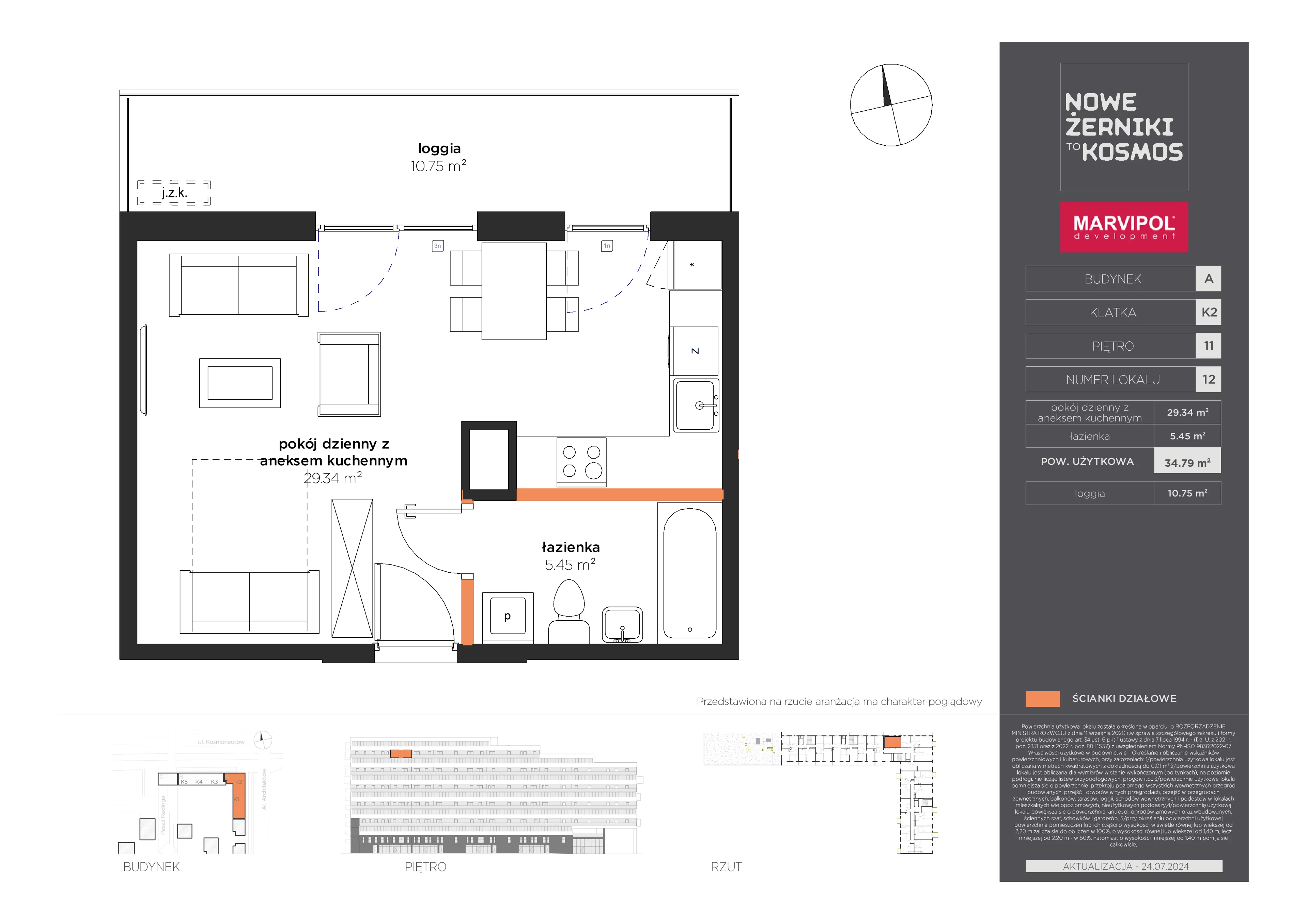 1 pokój, mieszkanie 34,79 m², piętro 11, oferta nr A/A-11-12-K2, Nowe Żerniki to KOSMOS, Wrocław, Żerniki, ul. Kosmonautów / al. Architektów