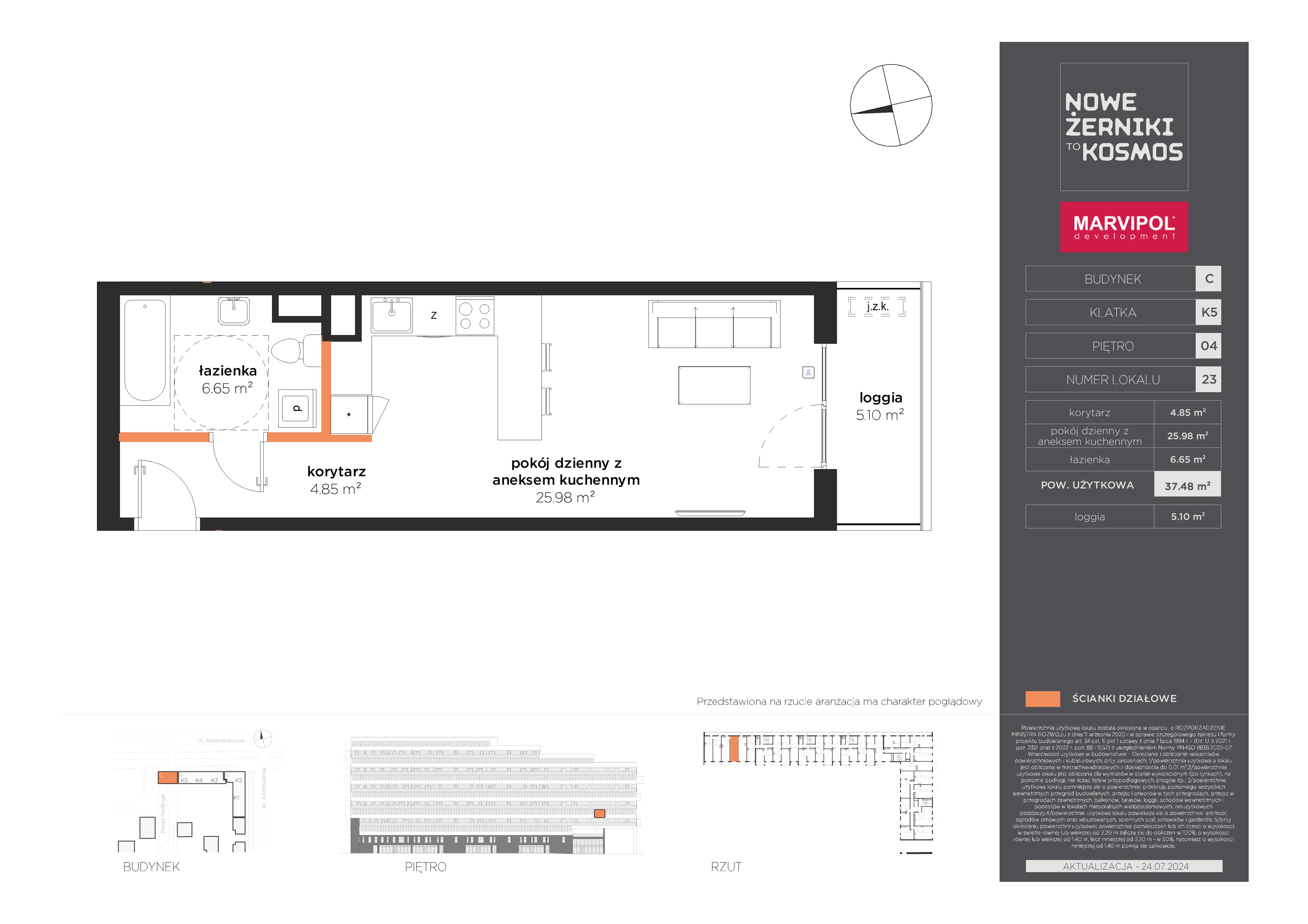 1 pokój, mieszkanie 37,48 m², piętro 4, oferta nr C/C-04-23-K5, Nowe Żerniki to KOSMOS, Wrocław, Żerniki, ul. Kosmonautów / al. Architektów