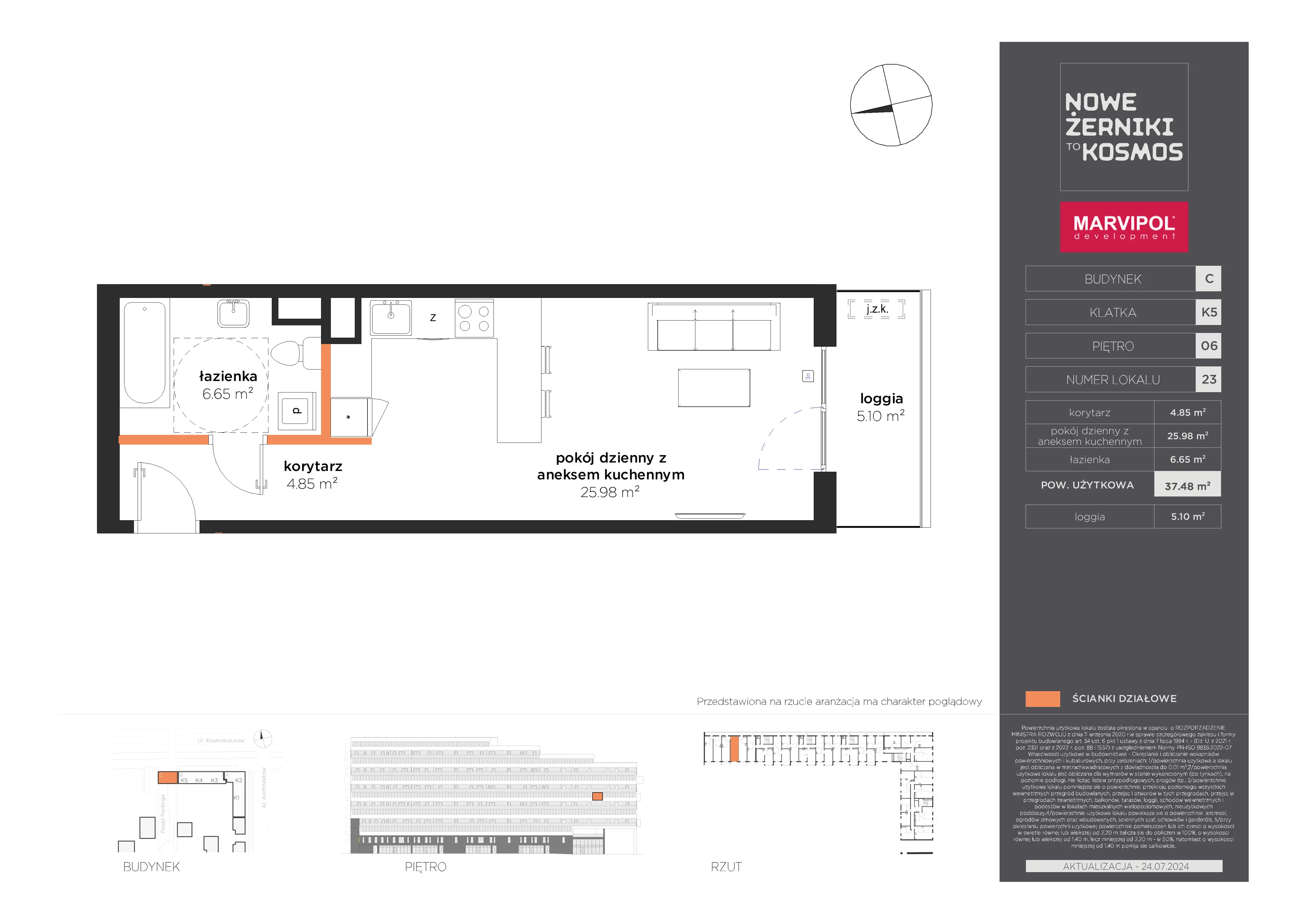 1 pokój, mieszkanie 37,48 m², piętro 6, oferta nr C/C-06-23-K5, Nowe Żerniki to KOSMOS, Wrocław, Żerniki, ul. Kosmonautów / al. Architektów