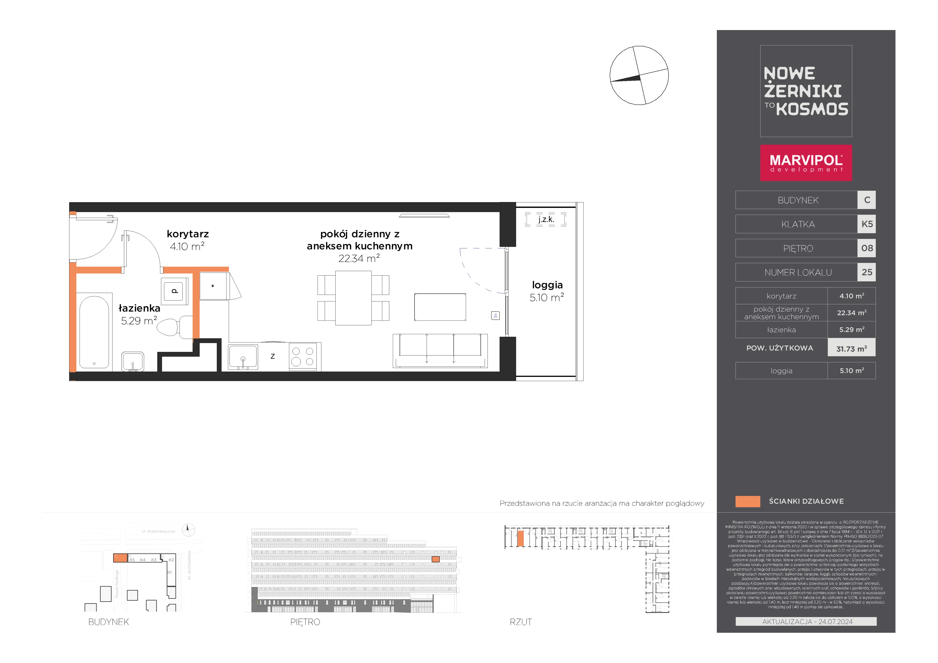 1 pokój, mieszkanie 31,73 m², piętro 8, oferta nr C/C-08-25-K5, Nowe Żerniki to KOSMOS, Wrocław, Żerniki, ul. Kosmonautów / al. Architektów