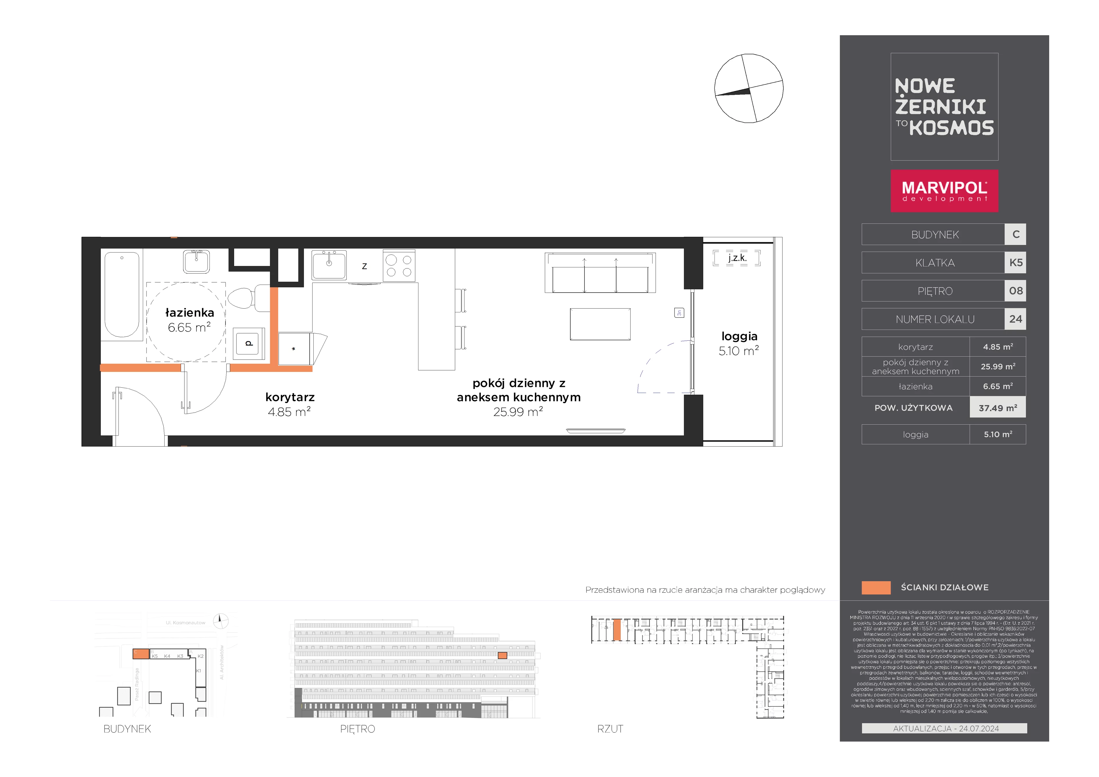 1 pokój, mieszkanie 37,49 m², piętro 8, oferta nr C/C-08-24-K5, Nowe Żerniki, Wrocław, Żerniki, ul. Kosmonautów / al. Architektów