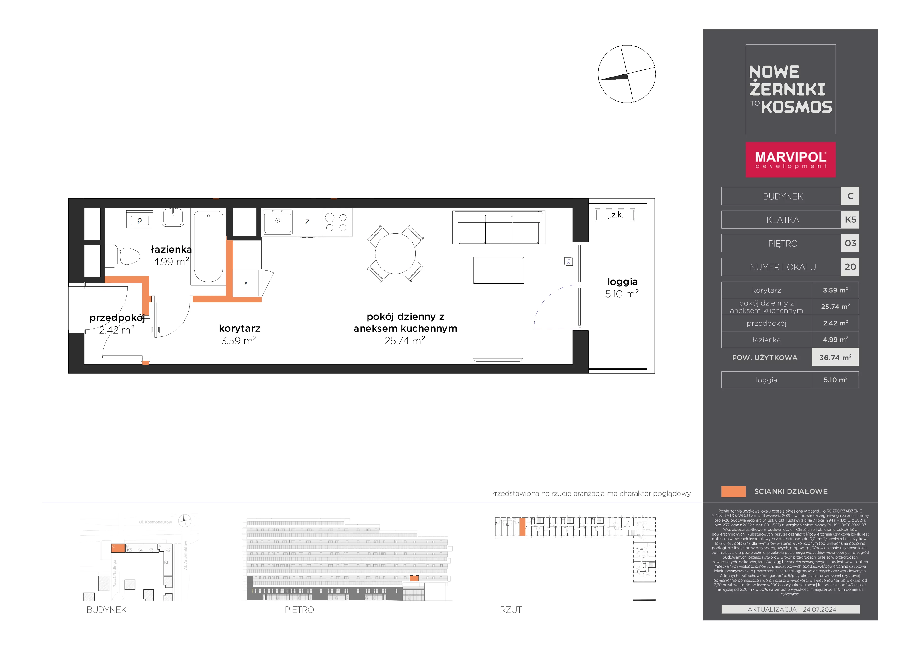 1 pokój, mieszkanie 36,74 m², piętro 3, oferta nr C/C-03-20-K5, Nowe Żerniki, Wrocław, Żerniki, ul. Kosmonautów / al. Architektów