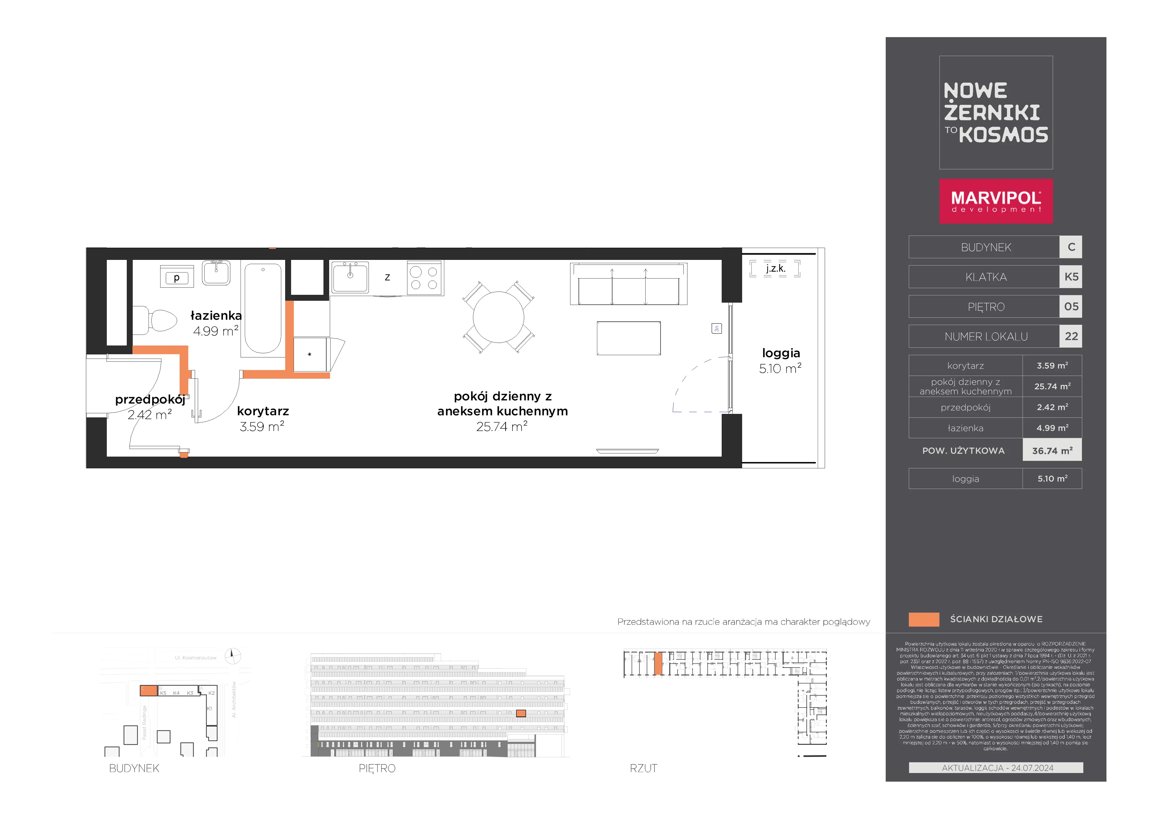 1 pokój, mieszkanie 36,74 m², piętro 5, oferta nr C/C-05-22-K5, Nowe Żerniki, Wrocław, Żerniki, ul. Kosmonautów / al. Architektów