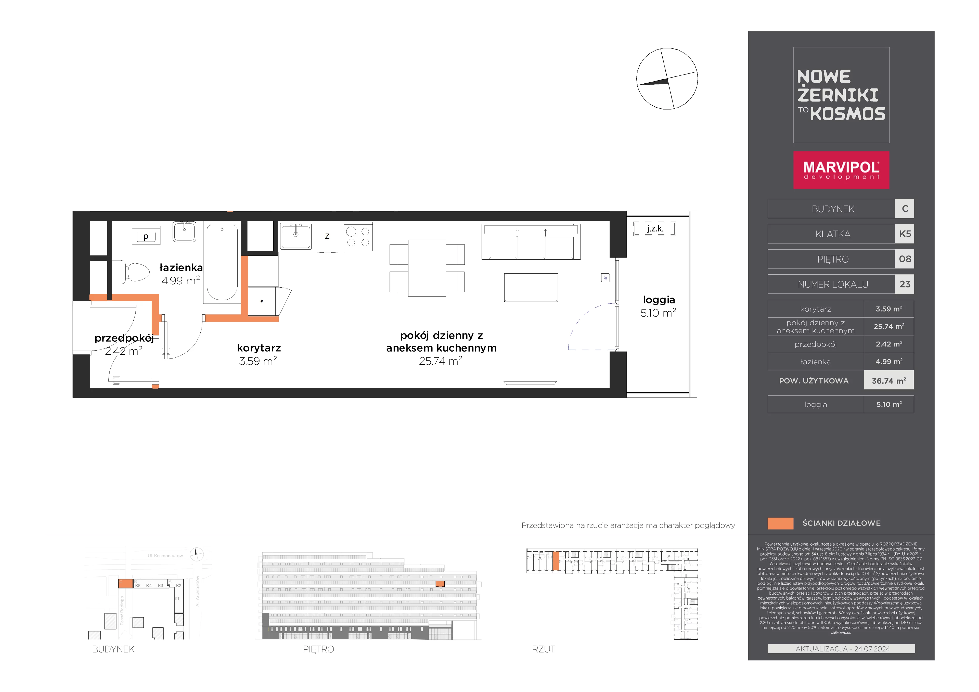 1 pokój, mieszkanie 36,74 m², piętro 8, oferta nr C/C-08-23-K5, Nowe Żerniki, Wrocław, Żerniki, ul. Kosmonautów / al. Architektów