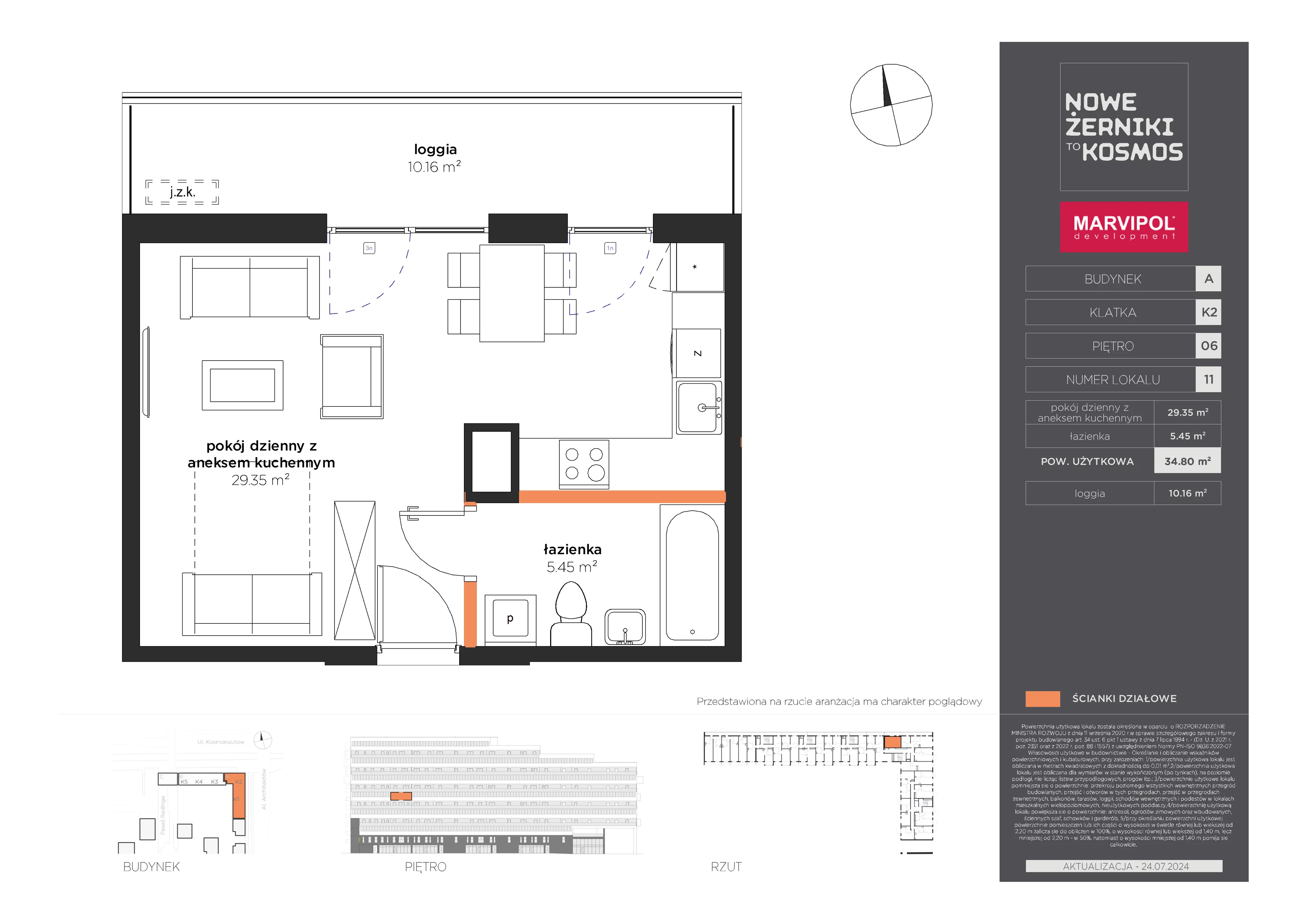 1 pokój, mieszkanie 34,80 m², piętro 6, oferta nr A/A-06-11-K2, Nowe Żerniki, Wrocław, Żerniki, ul. Kosmonautów / al. Architektów