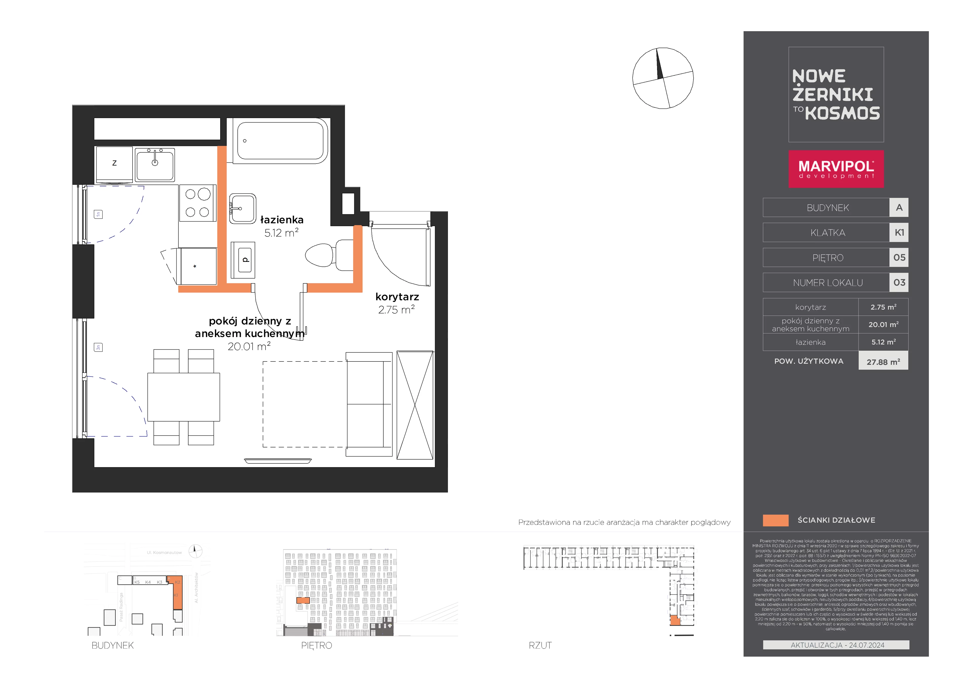 1 pokój, mieszkanie 27,88 m², piętro 5, oferta nr A/A-05-03-K1, Nowe Żerniki, Wrocław, Żerniki, ul. Kosmonautów / al. Architektów