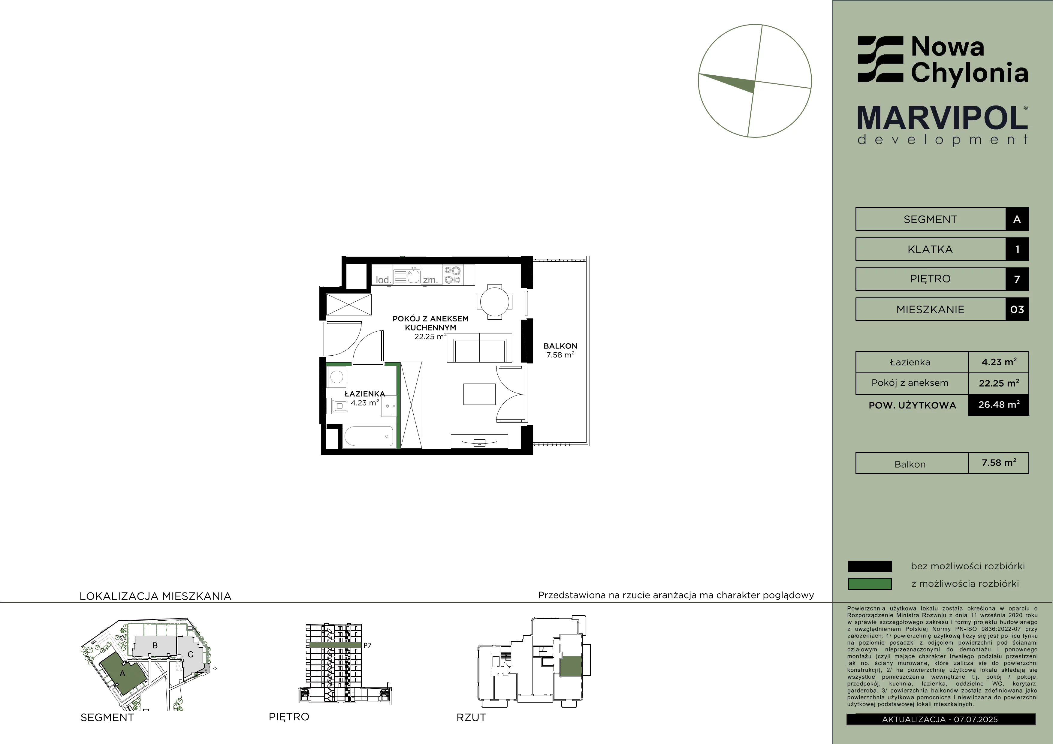 1 pokój, mieszkanie 26,48 m², piętro 7, oferta nr A/A1-7-03, Nowa Chylonia, Gdynia, Chylonia, Chylonia, ul. Pucka 4