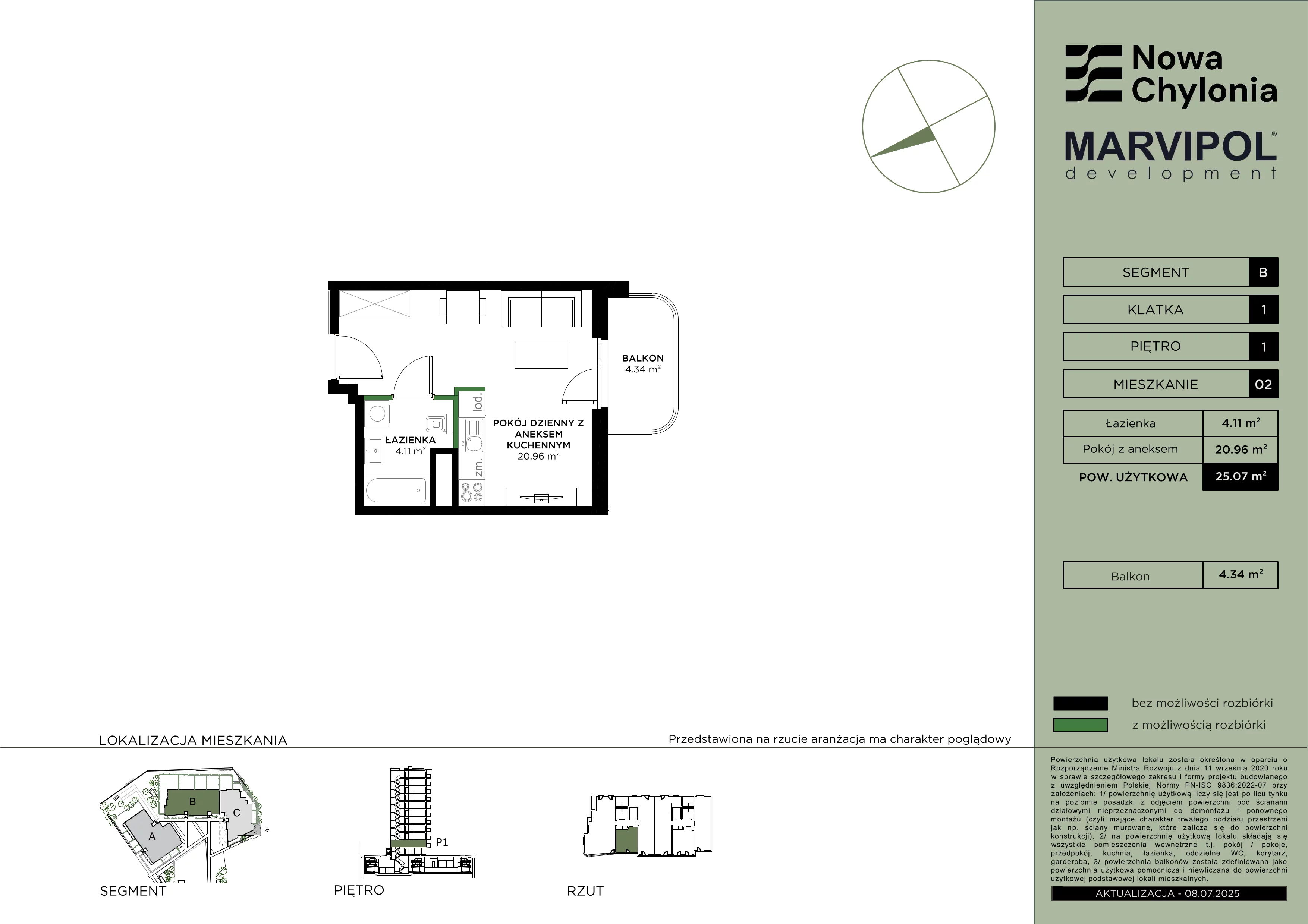 1 pokój, mieszkanie 25,07 m², piętro 1, oferta nr B/B1-1-02, Nowa Chylonia, Gdynia, Chylonia, Chylonia, ul. Pucka 4