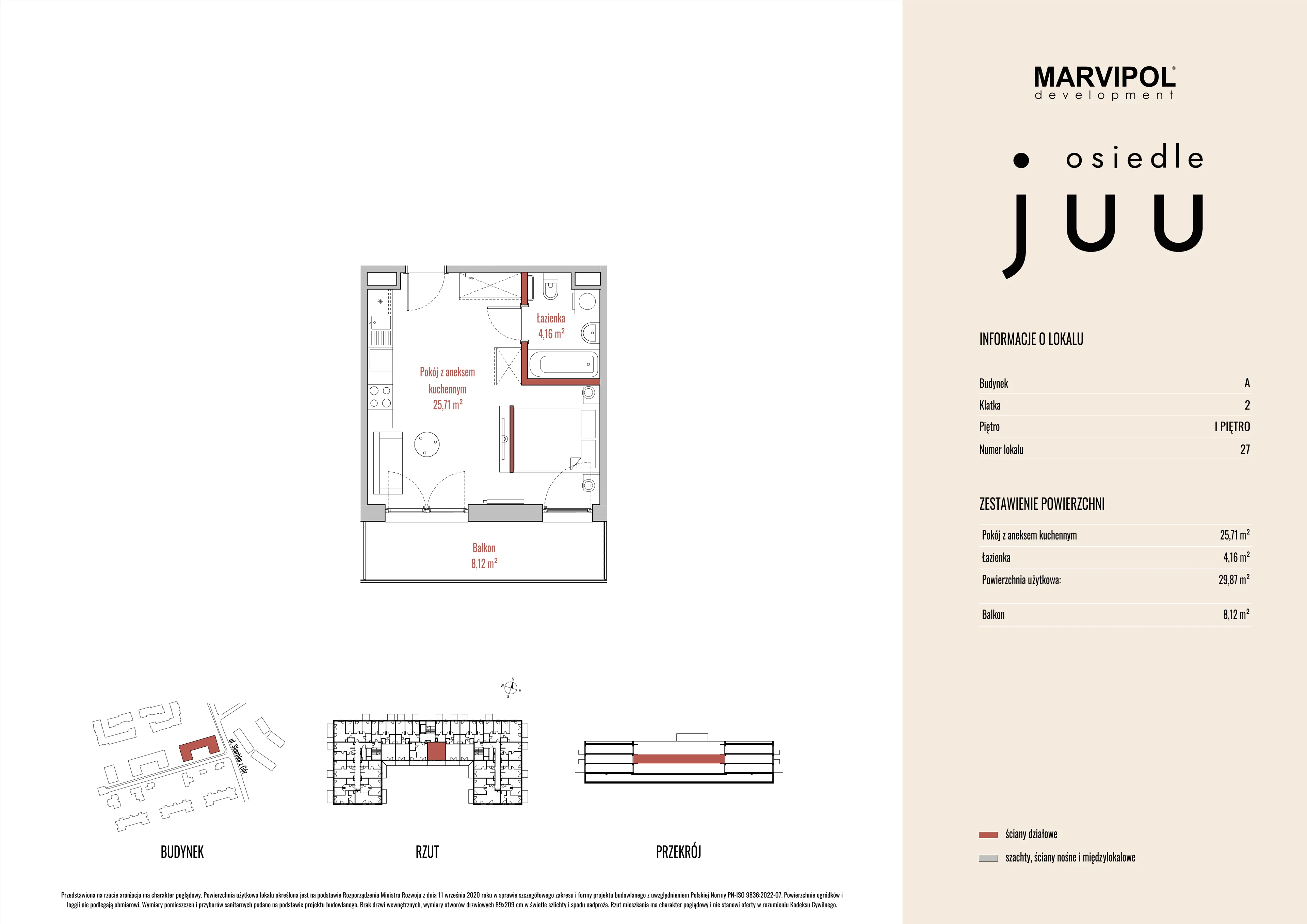 1 pokój, mieszkanie 29,92 m², piętro 1, oferta nr A/M027, Osiedle Juu, Warszawa, Białołęka, Grodzisk, ul. Skarbka z Gór 47