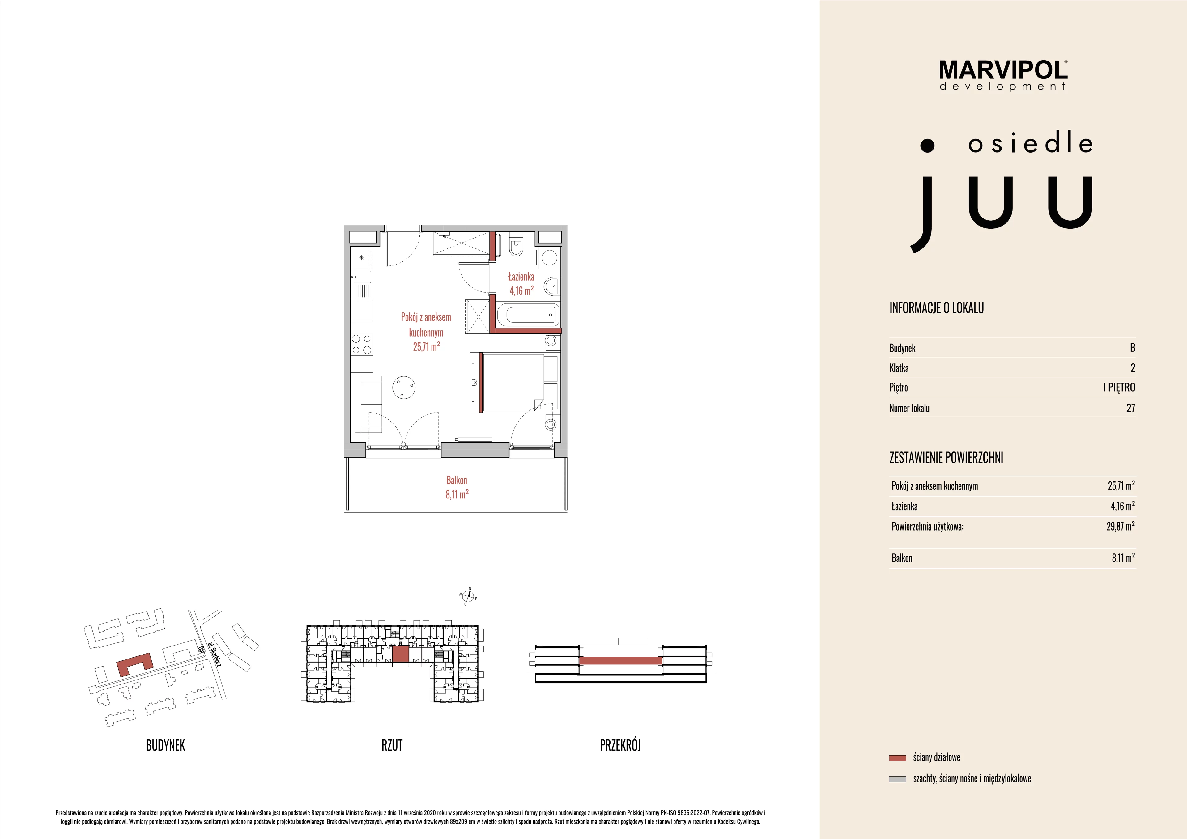 1 pokój, mieszkanie 29,92 m², piętro 1, oferta nr B/M027, Osiedle Juu, Warszawa, Białołęka, Grodzisk, ul. Skarbka z Gór 47