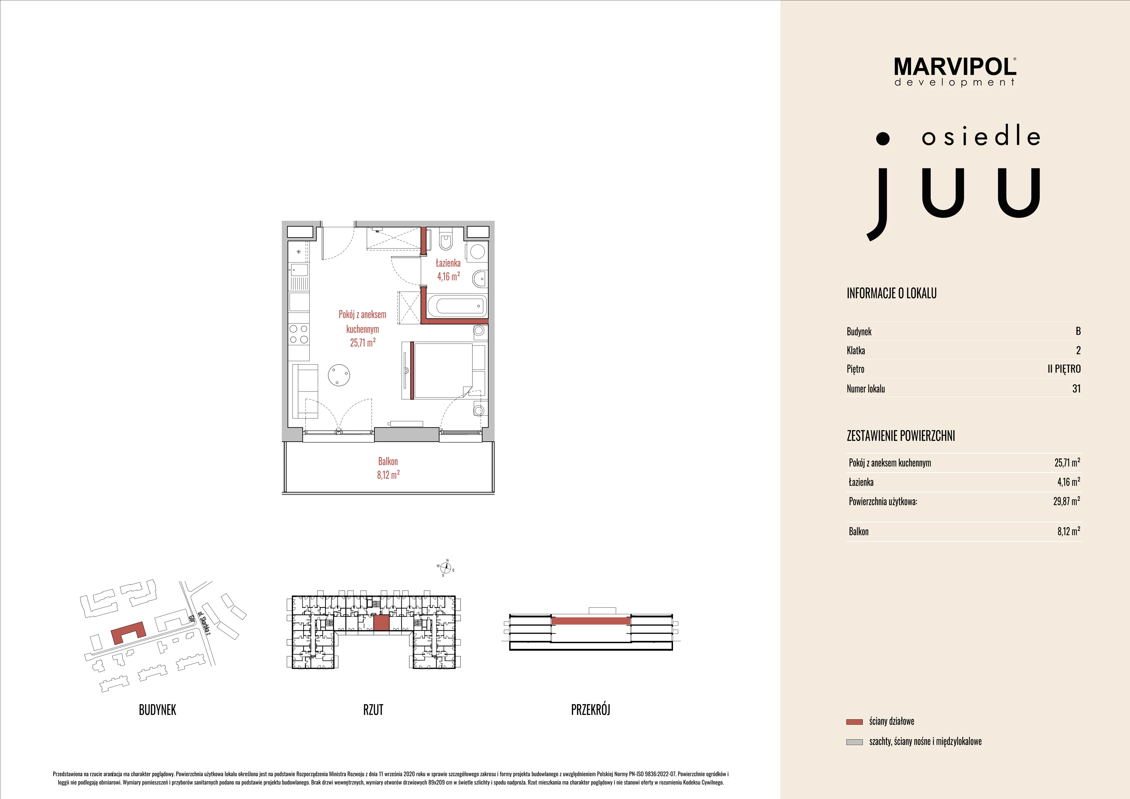 1 pokój, mieszkanie 29,92 m², piętro 2, oferta nr B/M031, Osiedle Juu, Warszawa, Białołęka, Grodzisk, ul. Skarbka z Gór 47