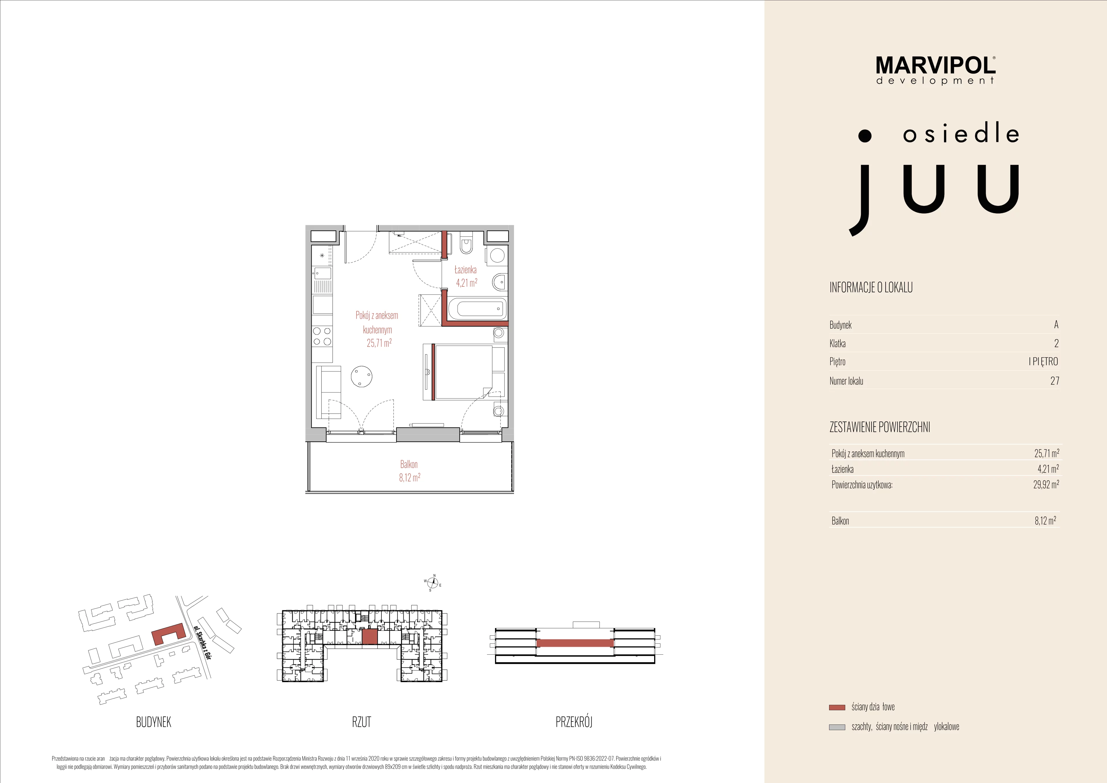 1 pokój, mieszkanie 29,92 m², piętro 1, oferta nr A/M027, Osiedle Juu, Warszawa, Białołęka, Grodzisk, ul. Skarbka z Gór 47