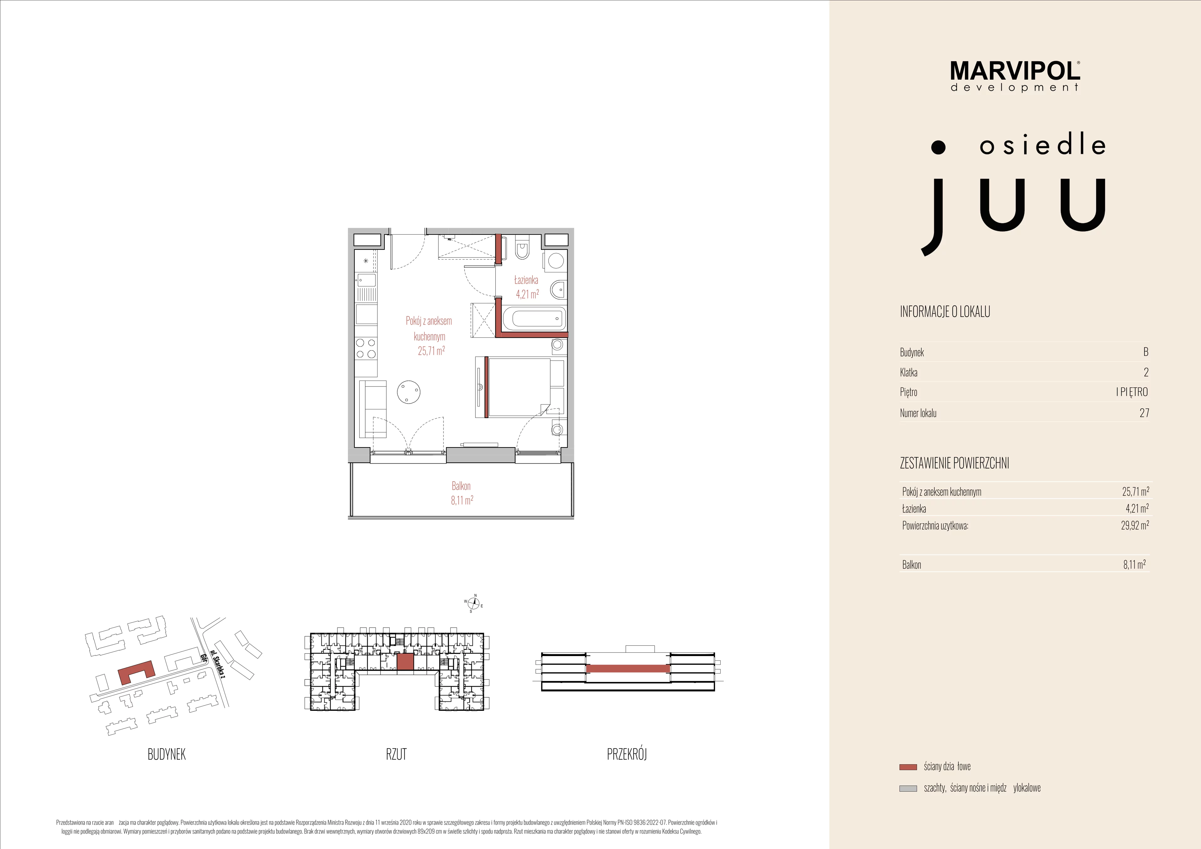 1 pokój, mieszkanie 29,92 m², piętro 1, oferta nr B/M027, Osiedle Juu, Warszawa, Białołęka, Grodzisk, ul. Skarbka z Gór 47