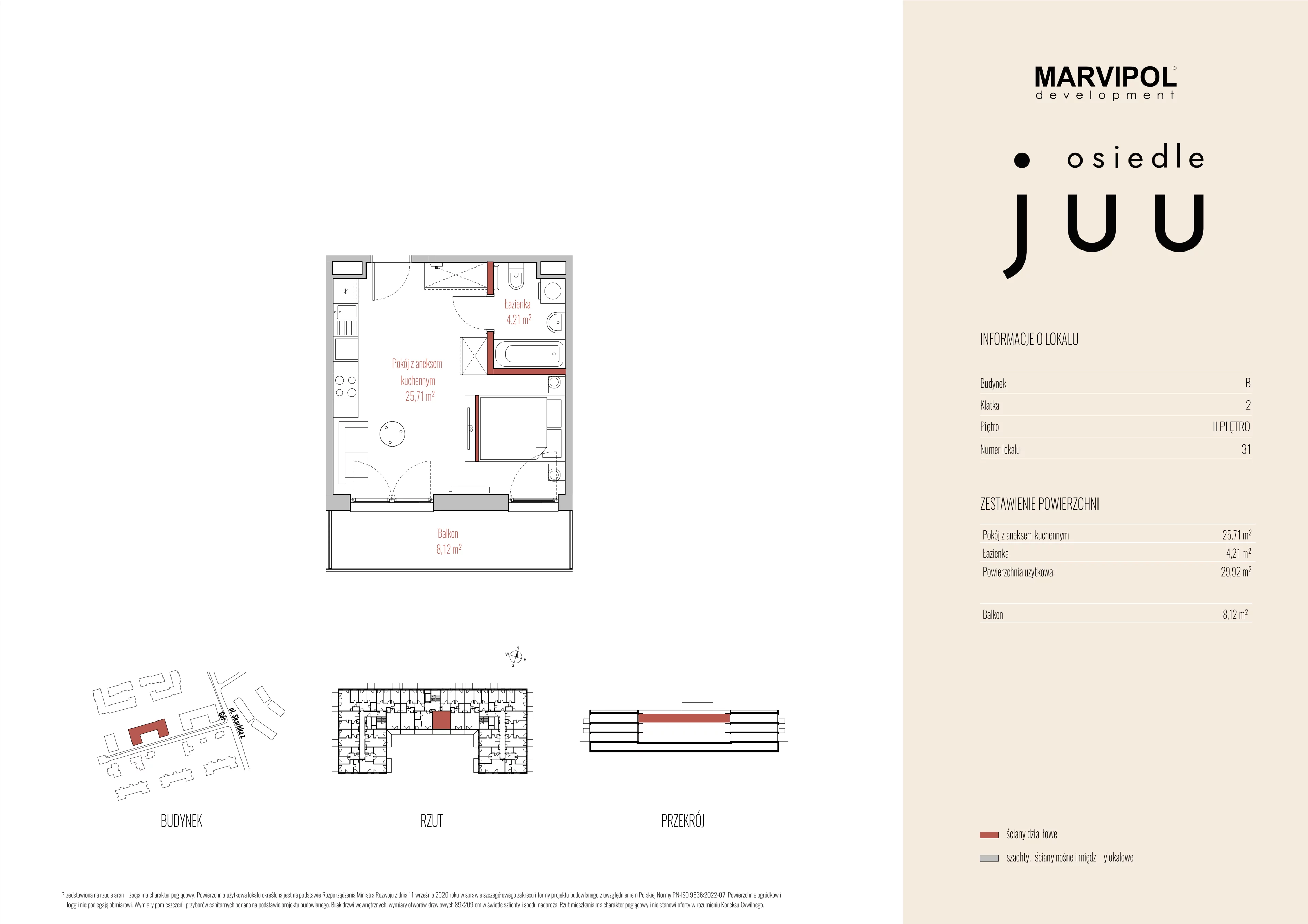1 pokój, mieszkanie 29,92 m², piętro 2, oferta nr B/M031, Osiedle Juu, Warszawa, Białołęka, Grodzisk, ul. Skarbka z Gór 47