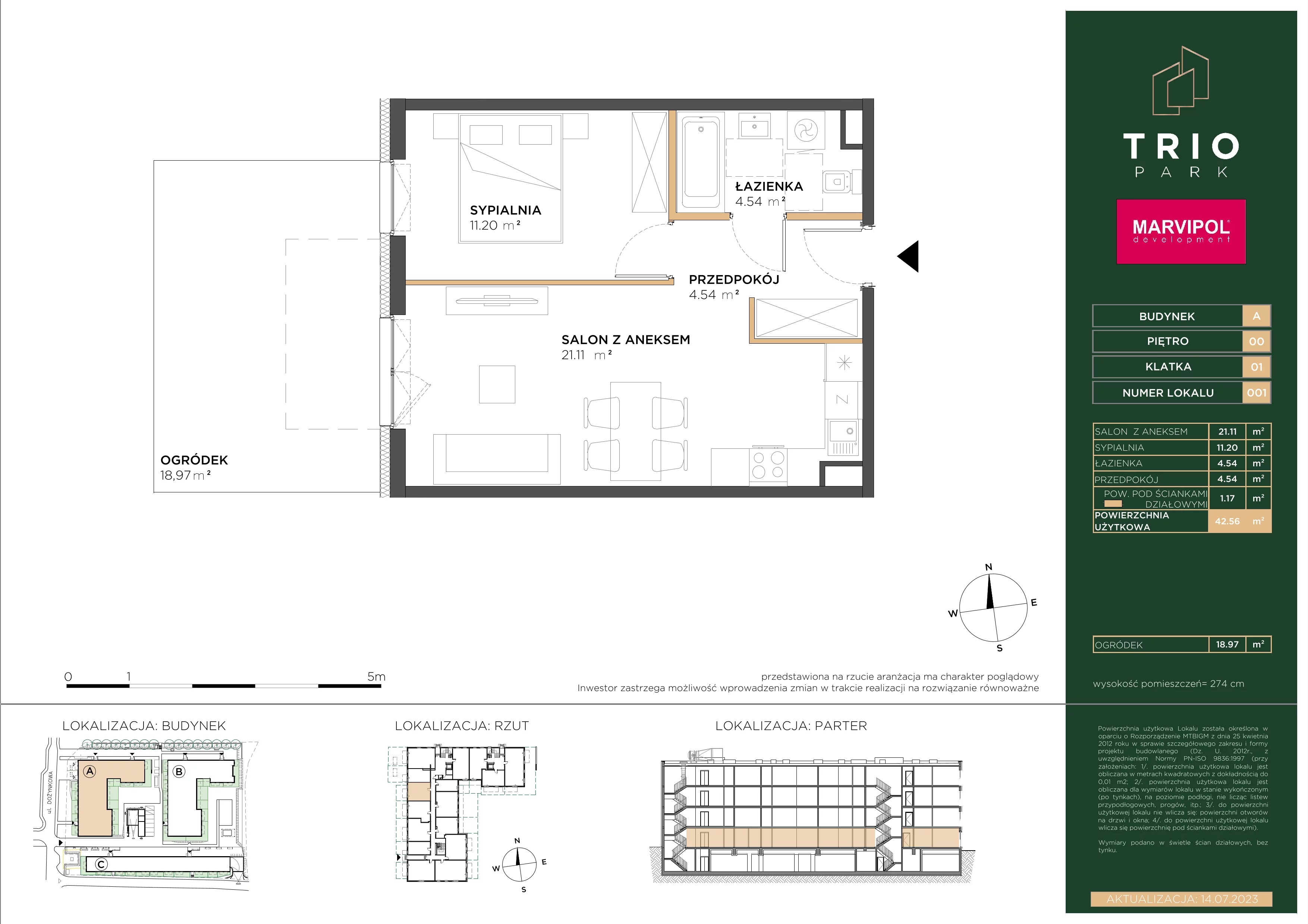 2 pokoje, apartament 42,56 m², parter, oferta nr A/A001, Trio Park, Wrocław, Klecina, Krzyki, ul. Dożynkowa