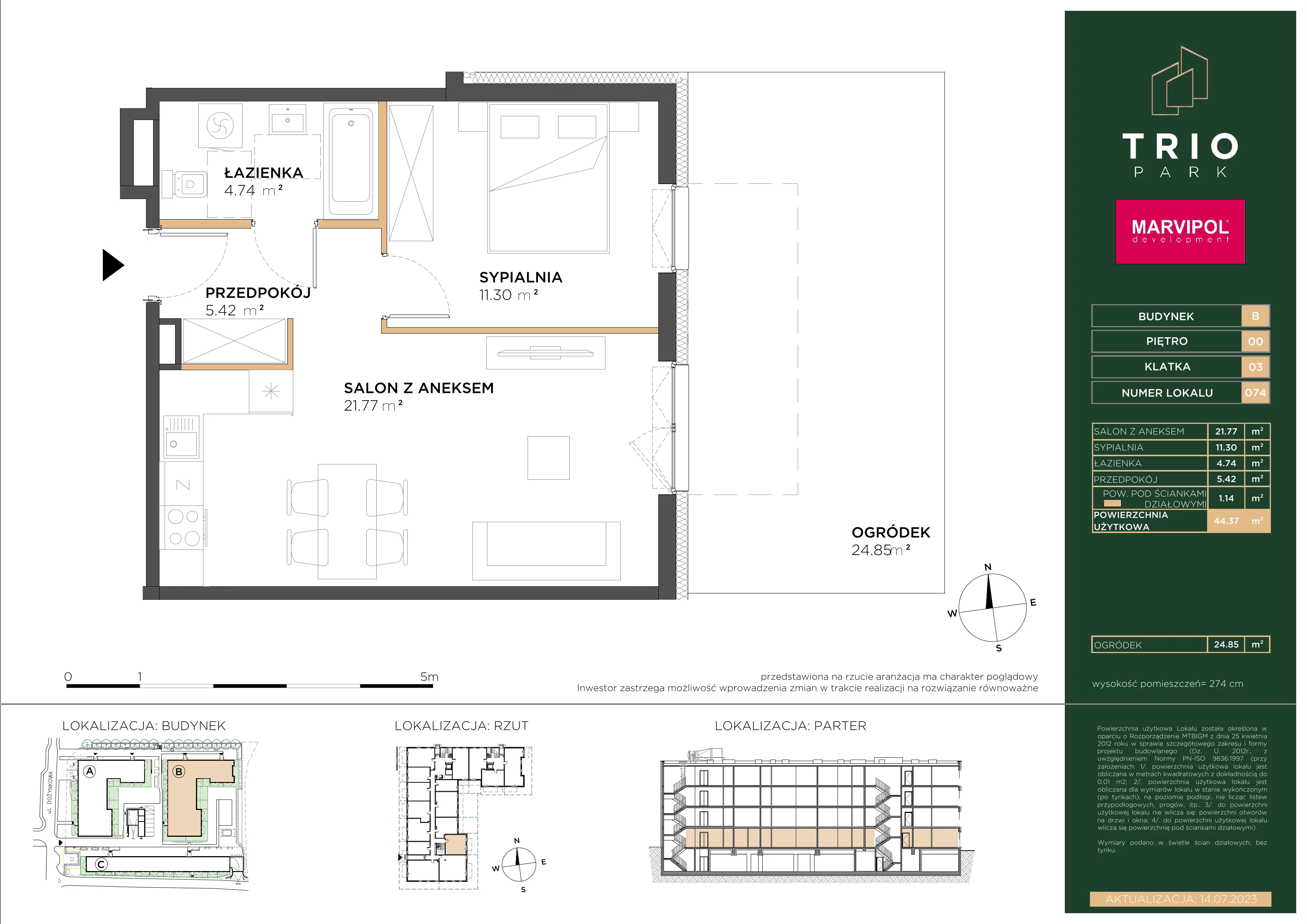 2 pokoje, apartament 44,37 m², parter, oferta nr B/B074, Trio Park, Wrocław, Klecina, Krzyki, ul. Dożynkowa