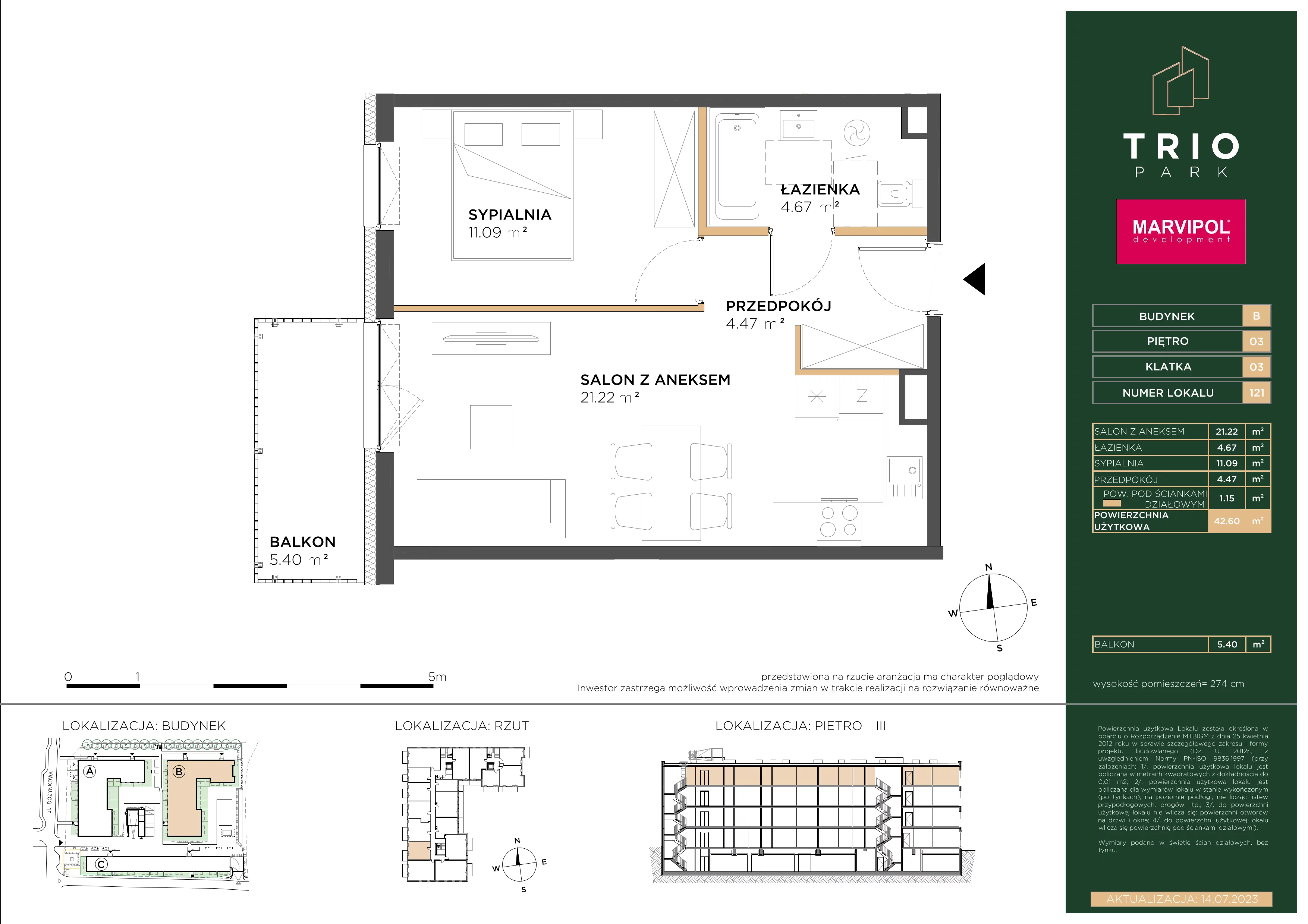 2 pokoje, mieszkanie 42,60 m², piętro 3, oferta nr B/B121, Trio Park, Wrocław, Klecina, Krzyki, ul. Dożynkowa