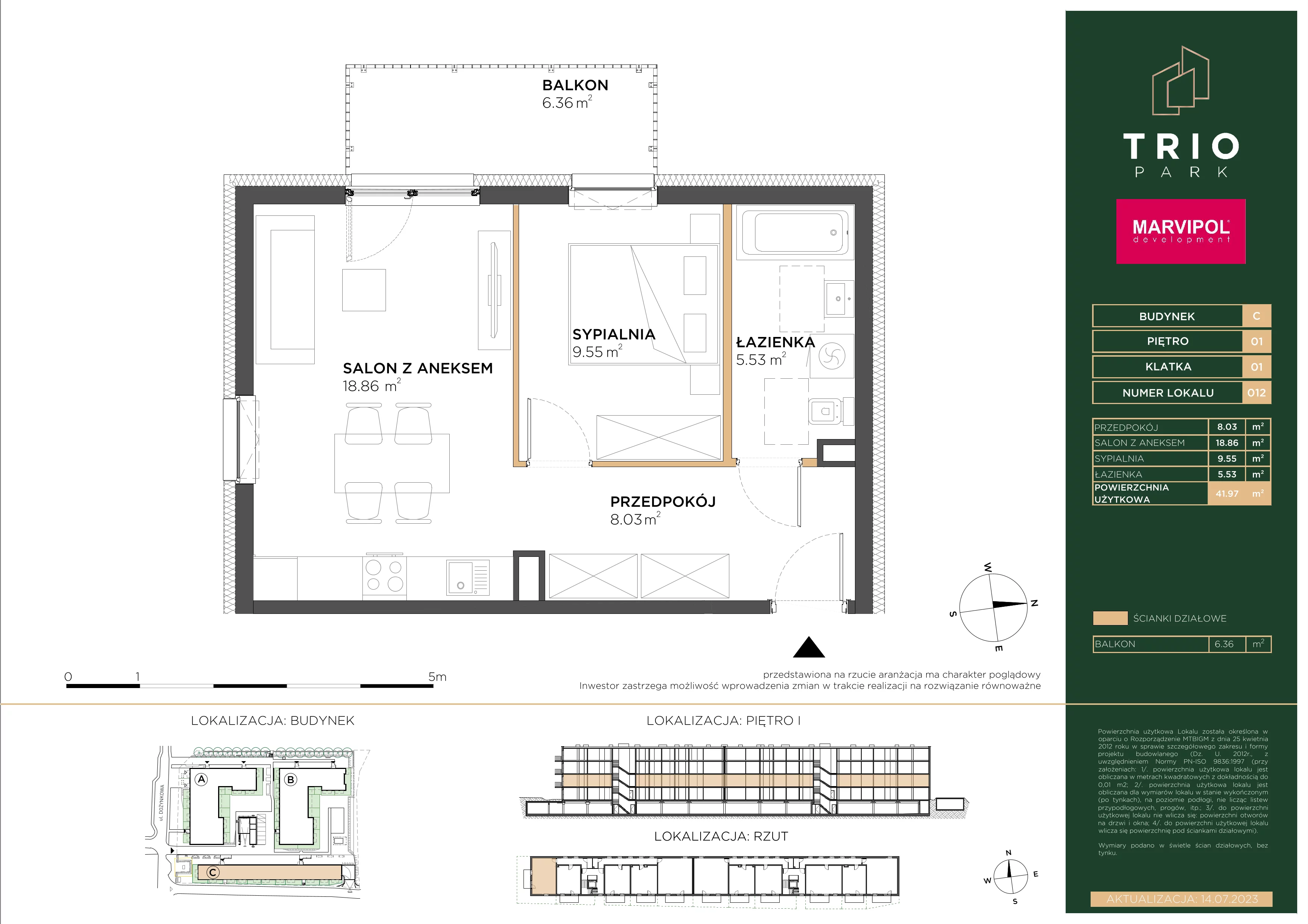 2 pokoje, apartament 41,97 m², piętro 1, oferta nr C/C012, Trio Park, Wrocław, Klecina, Krzyki, ul. Dożynkowa