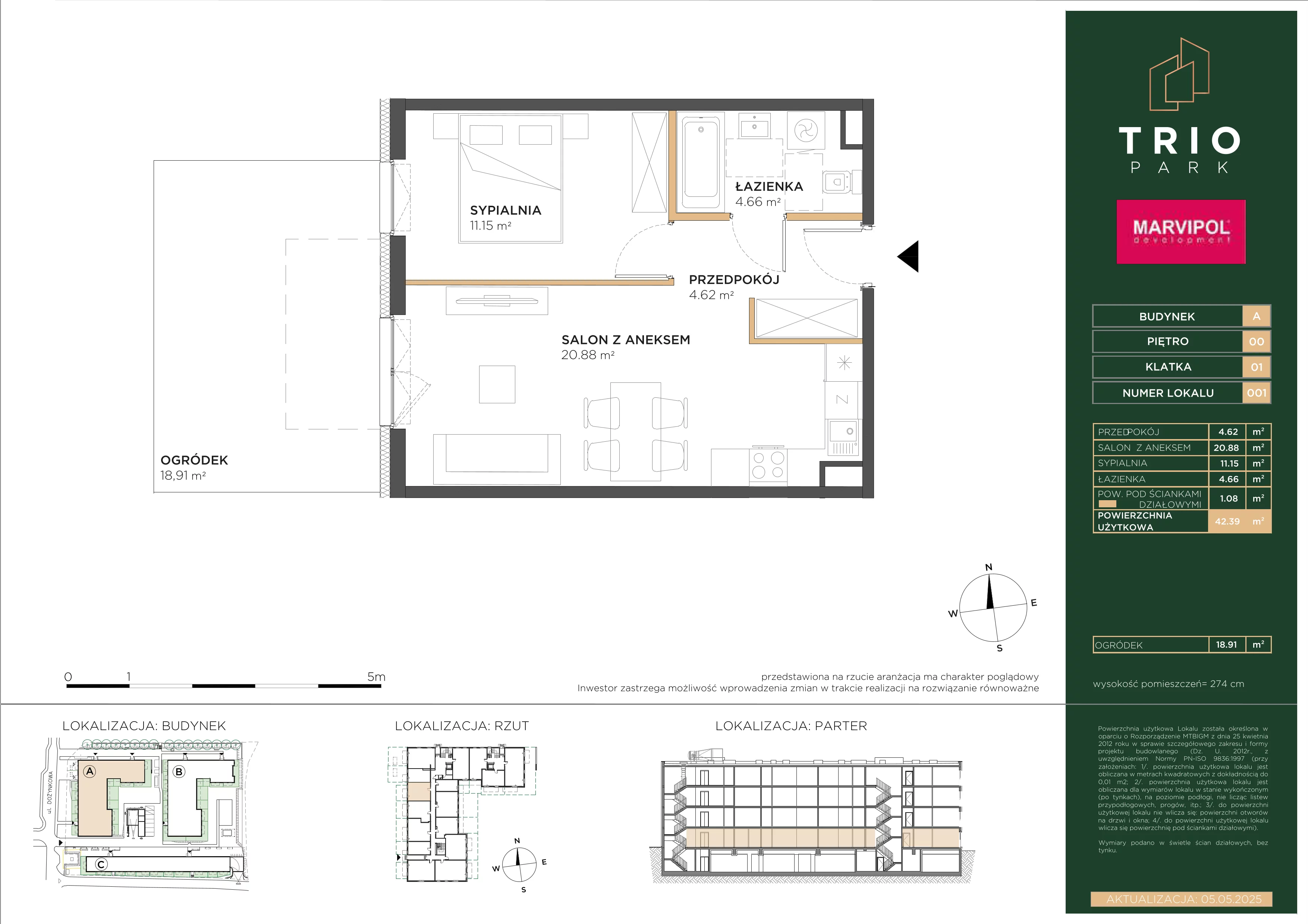 2 pokoje, apartament 42,39 m², parter, oferta nr A/A001, Trio Park, Wrocław, Klecina, Krzyki, ul. Dożynkowa