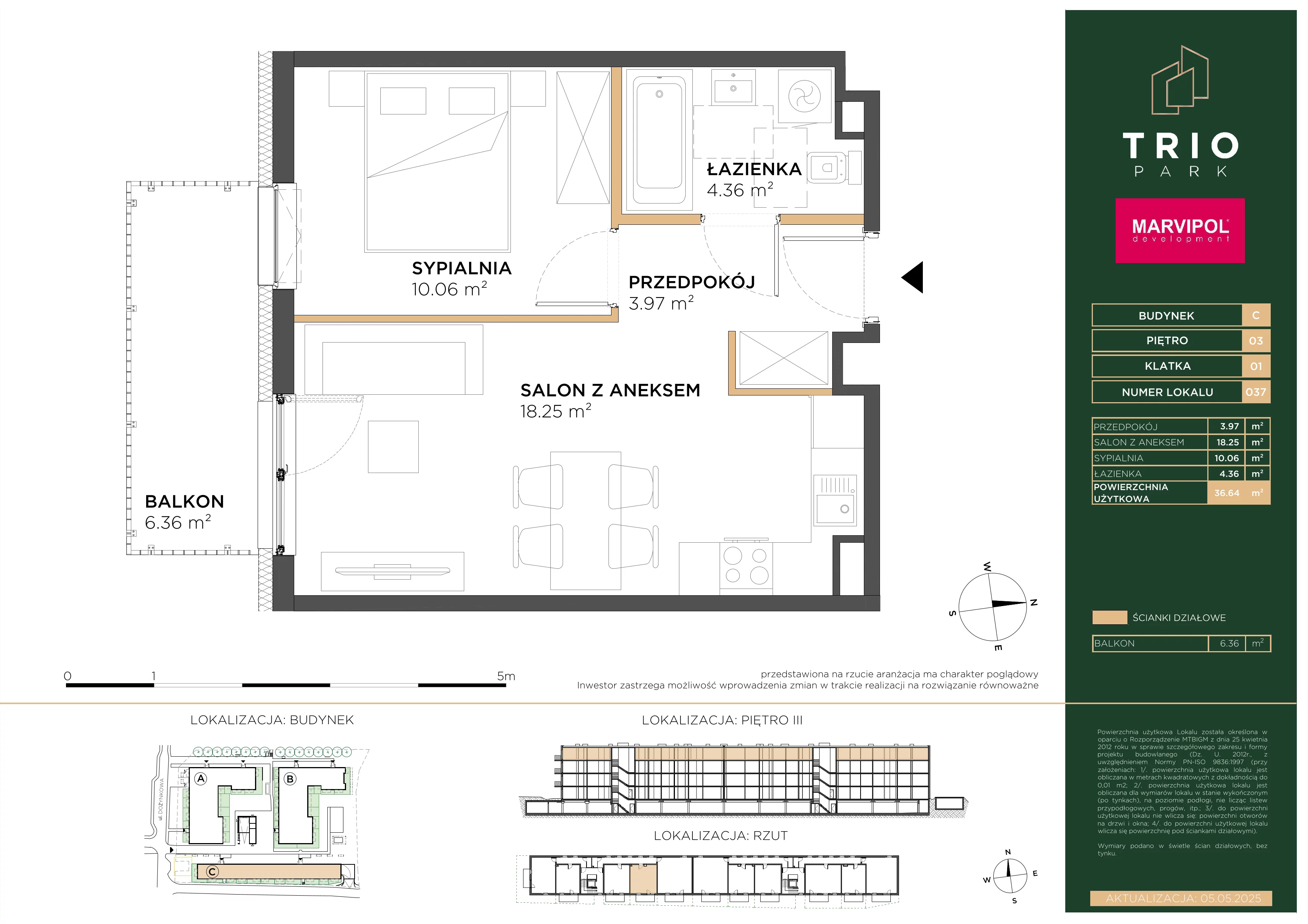 2 pokoje, apartament 36,64 m², piętro 3, oferta nr C/C037, Trio Park, Wrocław, Klecina, Krzyki, ul. Dożynkowa