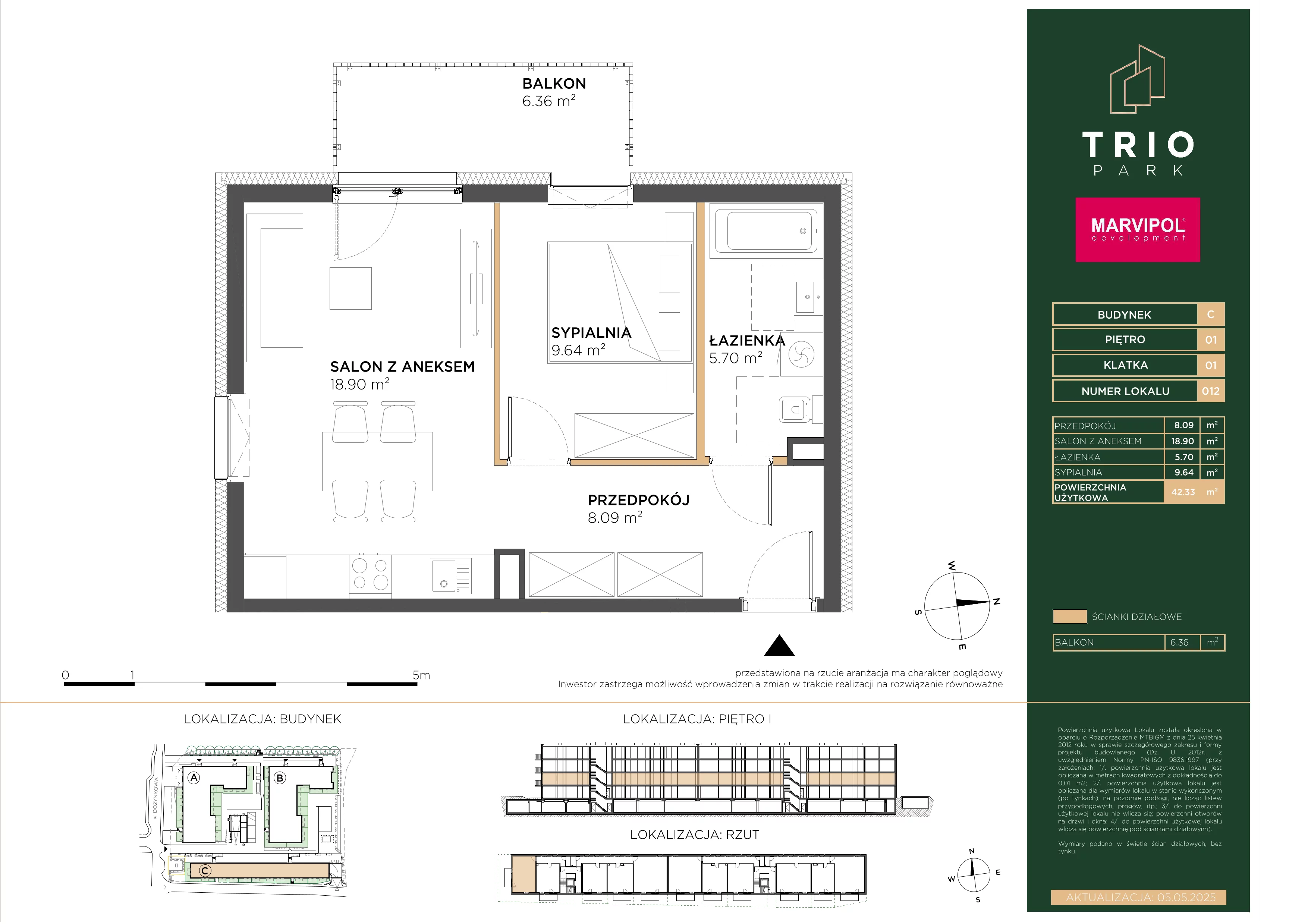 2 pokoje, apartament 42,33 m², piętro 1, oferta nr C/C012, Trio Park, Wrocław, Klecina, Krzyki, ul. Dożynkowa