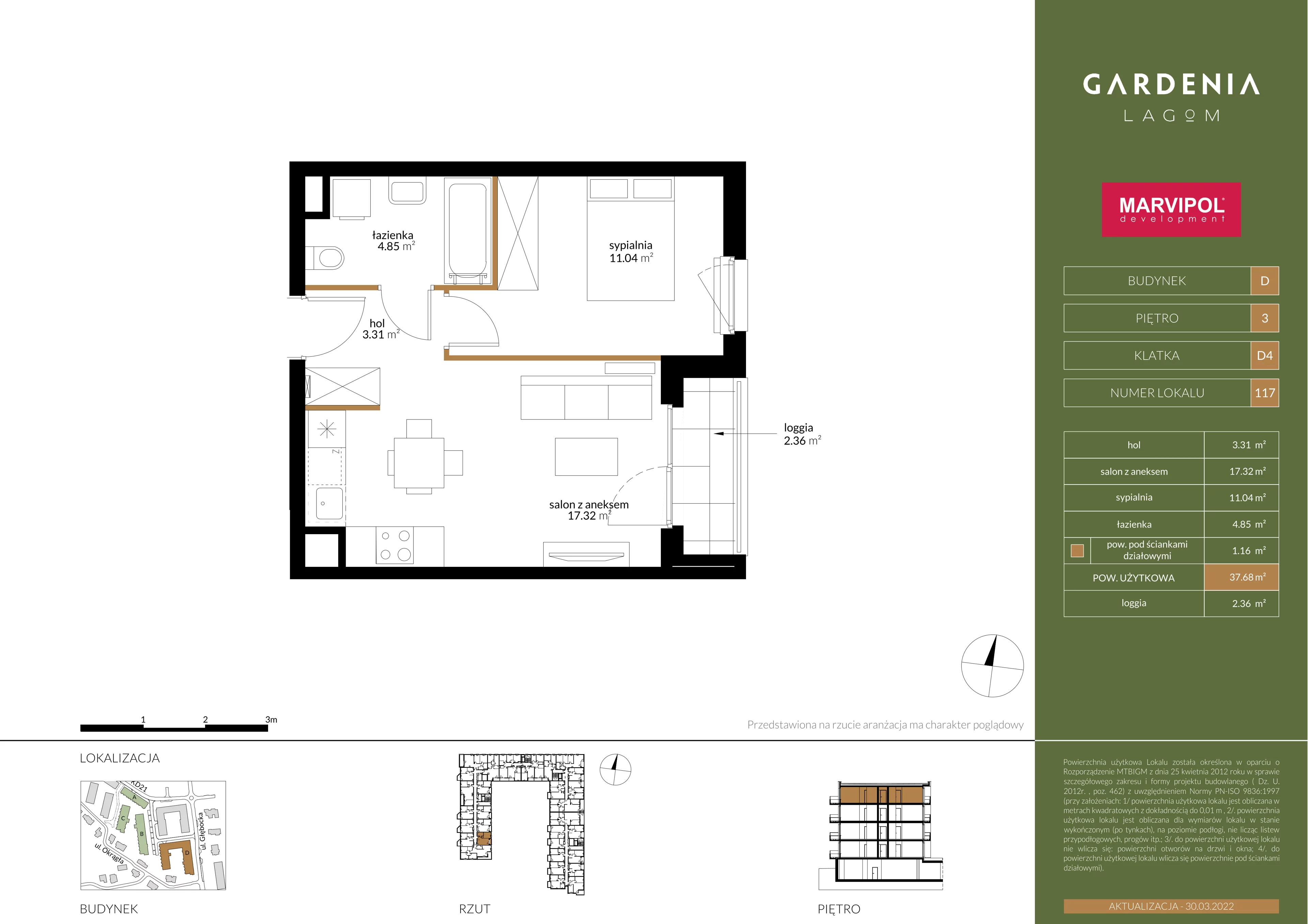 2 pokoje, apartament 37,68 m², piętro 3, oferta nr D/D117, Gardenia Lagom, Warszawa, Białołęka, Grodzisk, ul. Głębocka 117