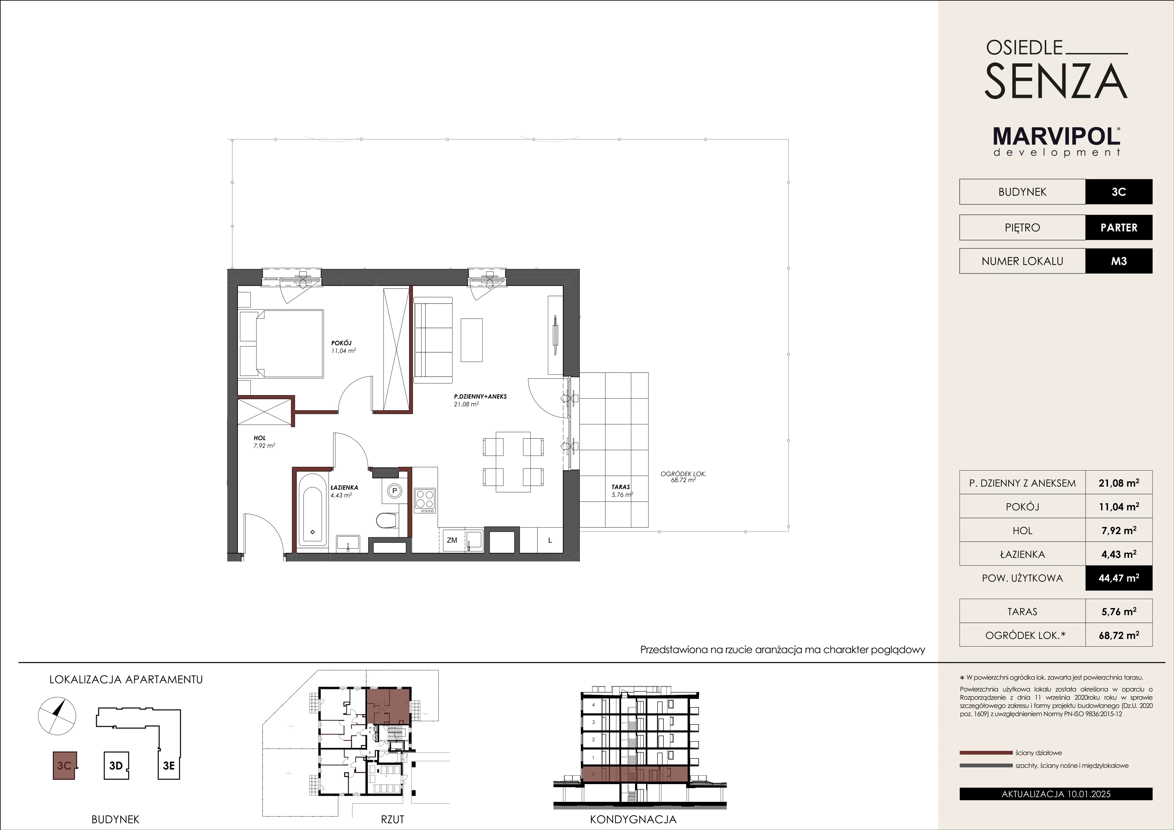 2 pokoje, mieszkanie 44,47 m², parter, oferta nr 3C/M03, Osiedle Senza, Warszawa, Białołęka, Nowodwory, ul. Grzymalitów 3C, 3D, 3E