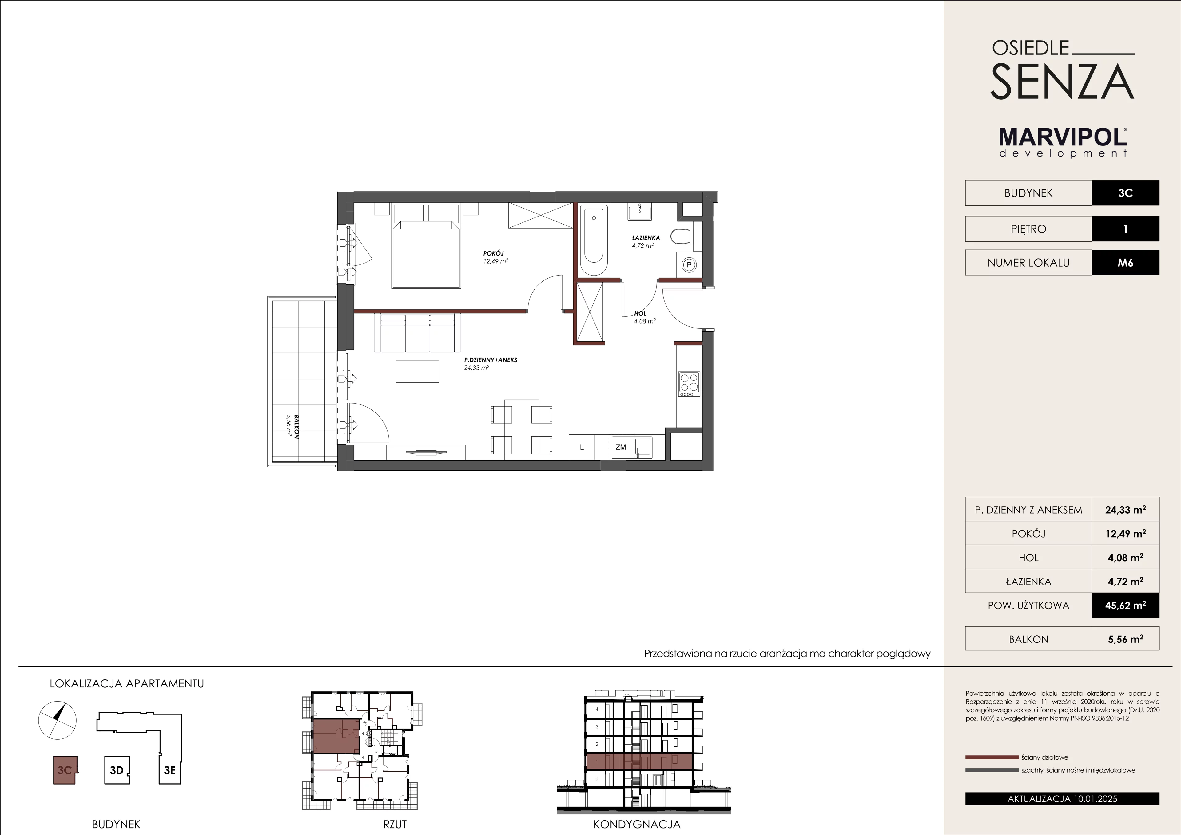 2 pokoje, mieszkanie 45,62 m², piętro 1, oferta nr 3C/M06, Osiedle Senza, Warszawa, Białołęka, Nowodwory, ul. Grzymalitów 3C, 3D, 3E