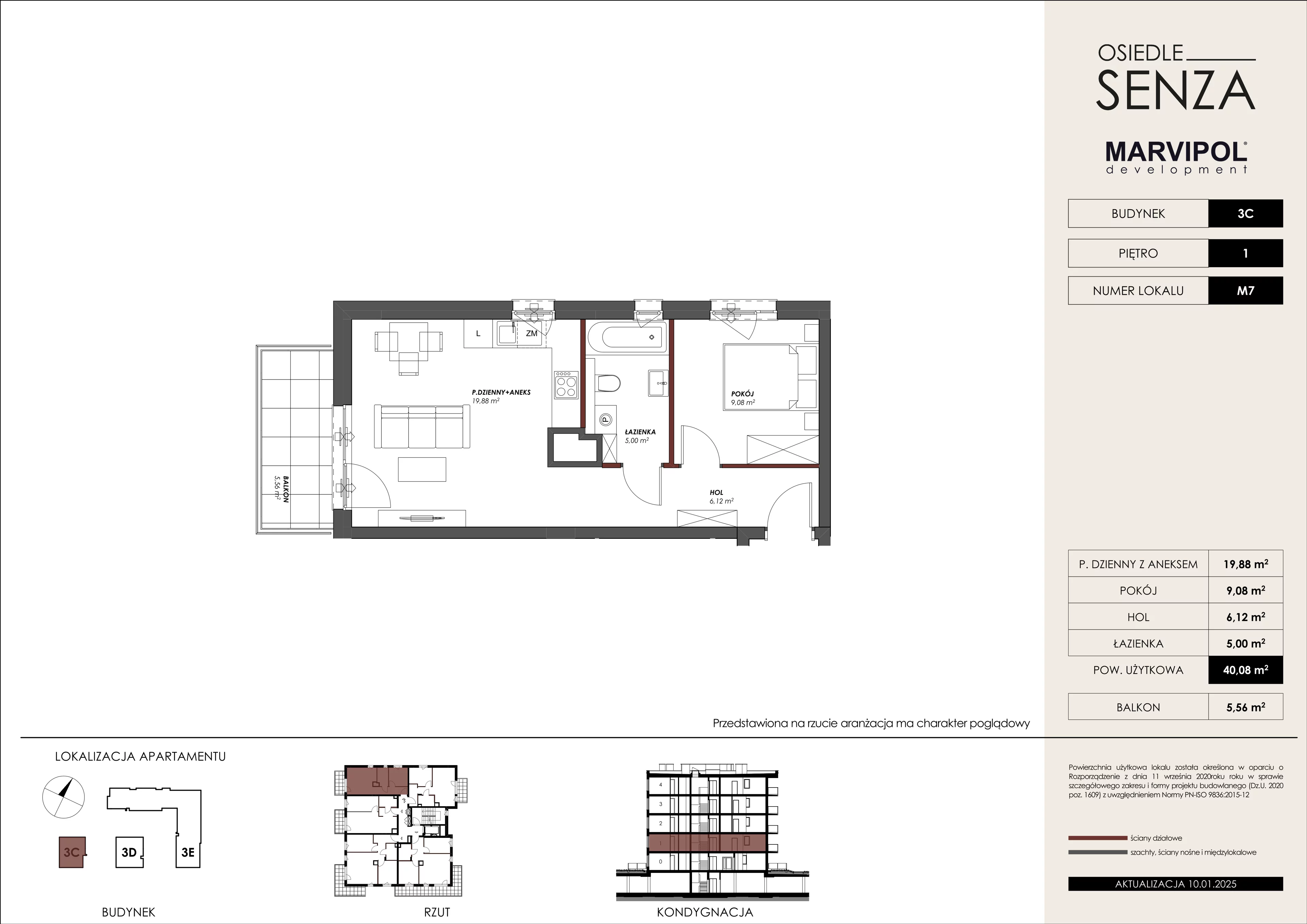 2 pokoje, mieszkanie 40,08 m², piętro 1, oferta nr 3C/M07, Osiedle Senza, Warszawa, Białołęka, Nowodwory, ul. Grzymalitów 3C, 3D, 3E