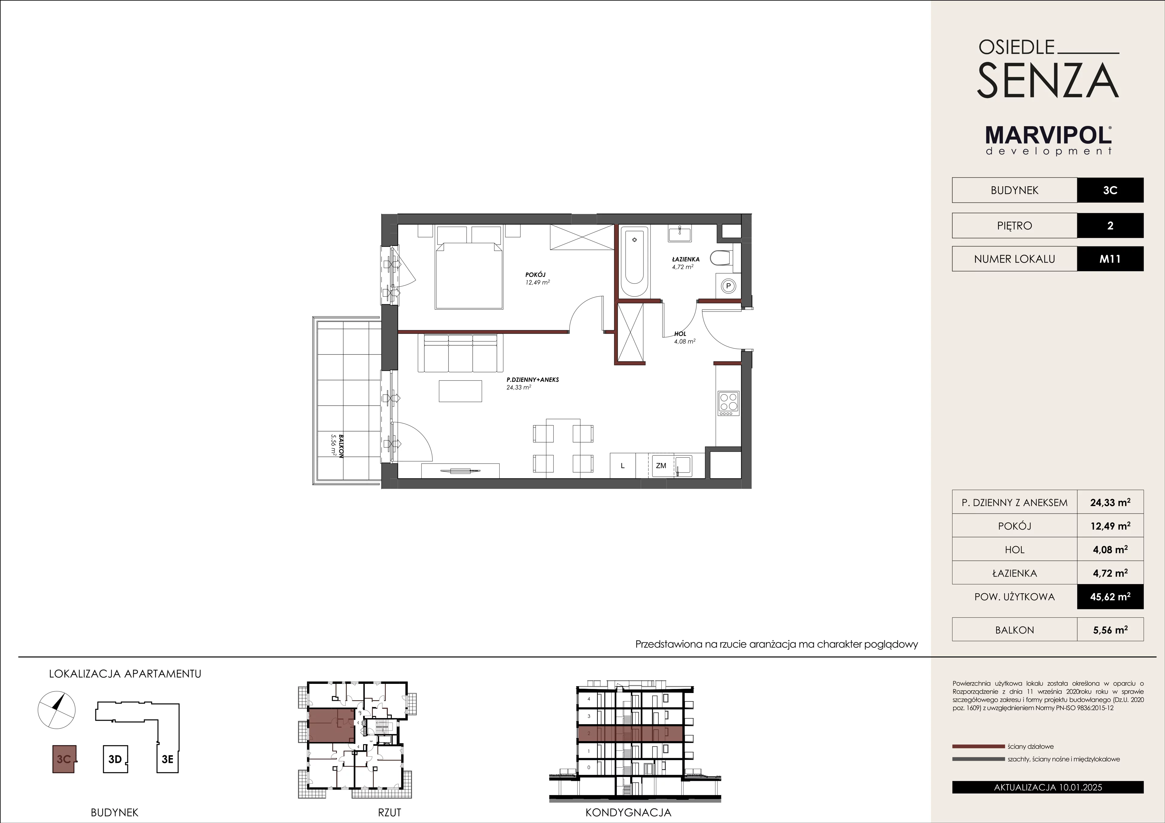 2 pokoje, mieszkanie 45,62 m², piętro 2, oferta nr 3C/M11, Osiedle Senza, Warszawa, Białołęka, Nowodwory, ul. Grzymalitów 3C, 3D, 3E