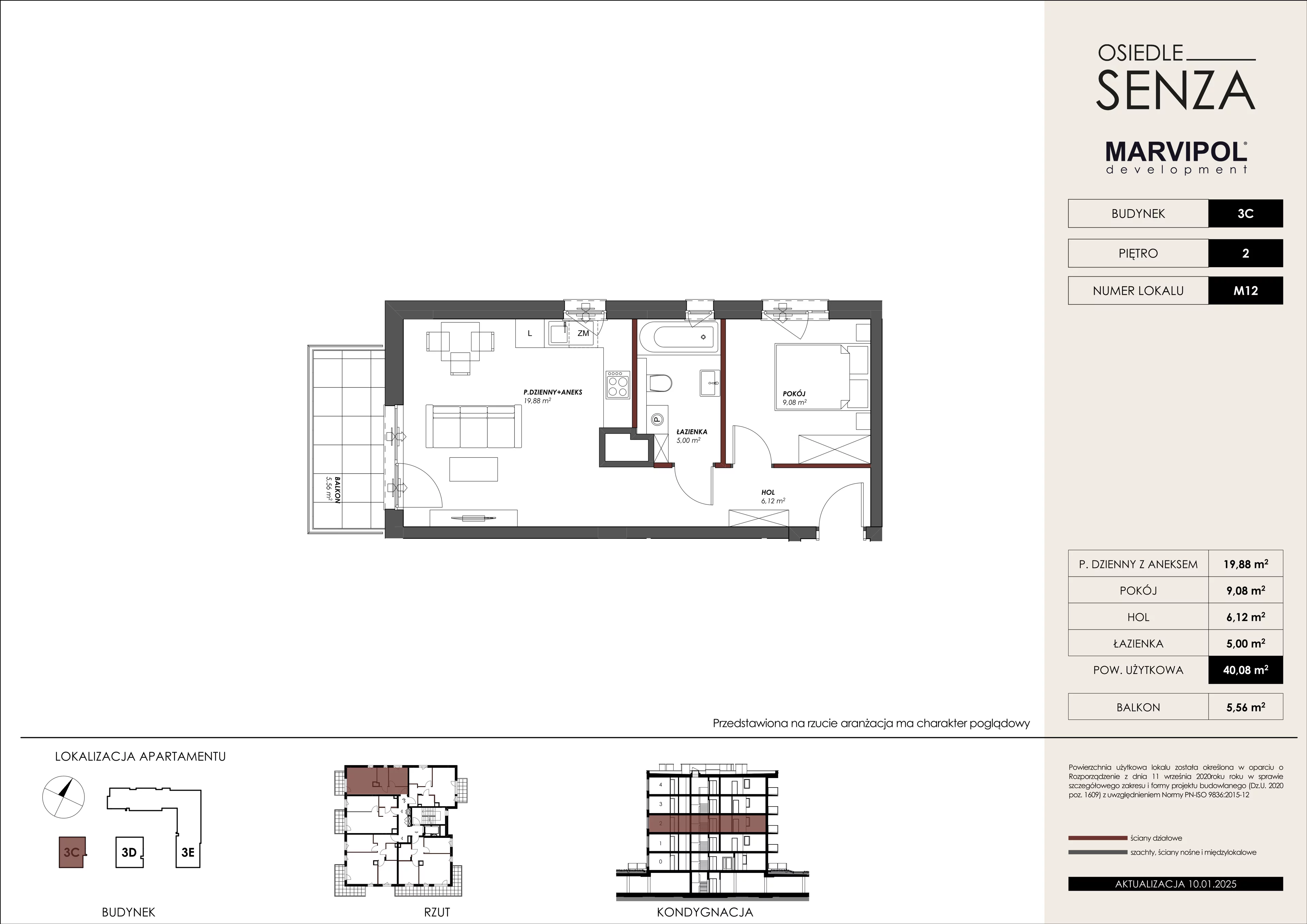 2 pokoje, mieszkanie 40,08 m², piętro 2, oferta nr 3C/M12, Osiedle Senza, Warszawa, Białołęka, Nowodwory, ul. Grzymalitów 3C, 3D, 3E